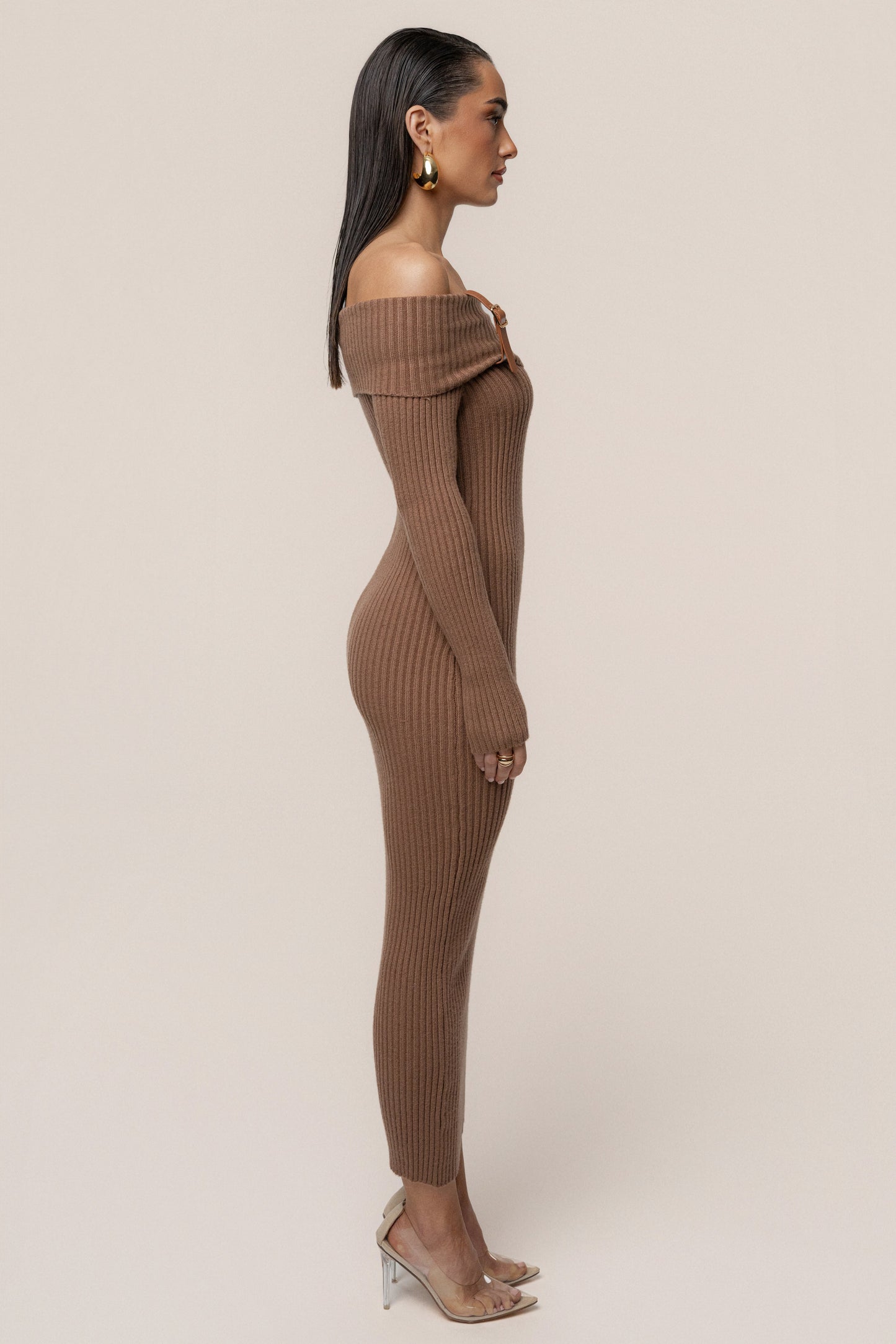 Tan Kira Ribbed Midi Dress JLUXLABEL