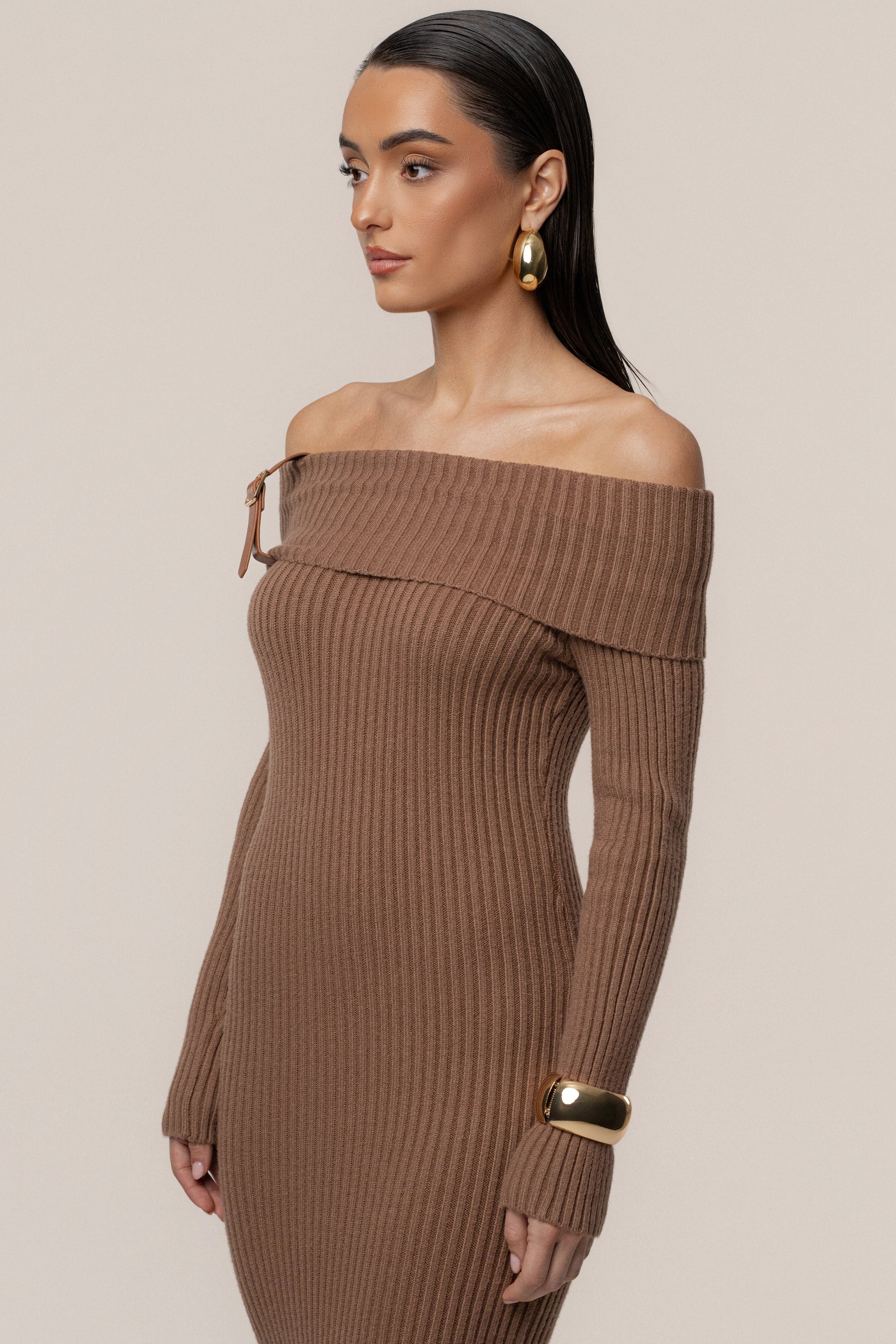 Tan Kira Ribbed Midi Dress JLUXLABEL
