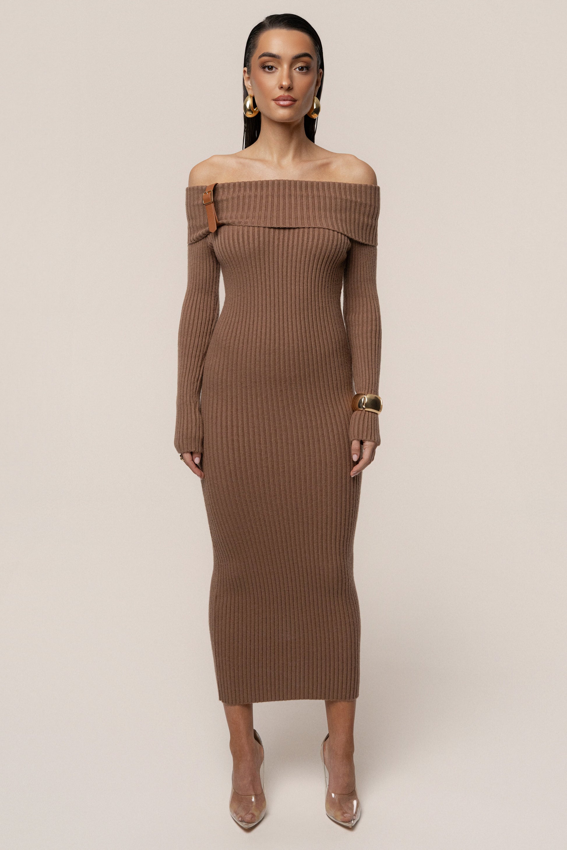 Tan Kira Ribbed Midi Dress JLUXLABEL