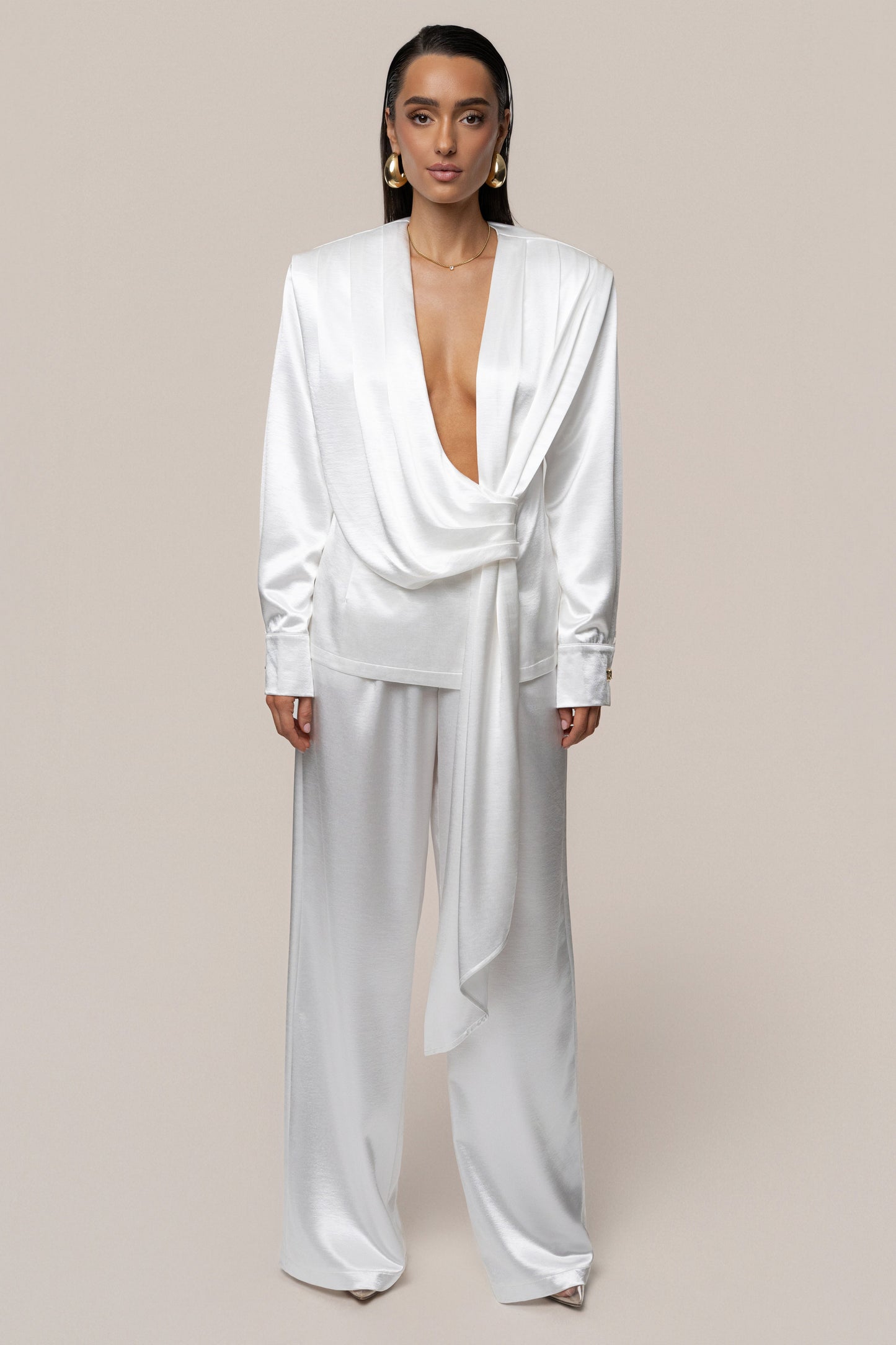 White Statement Draped Satin Top NEWFASHIONEDGE