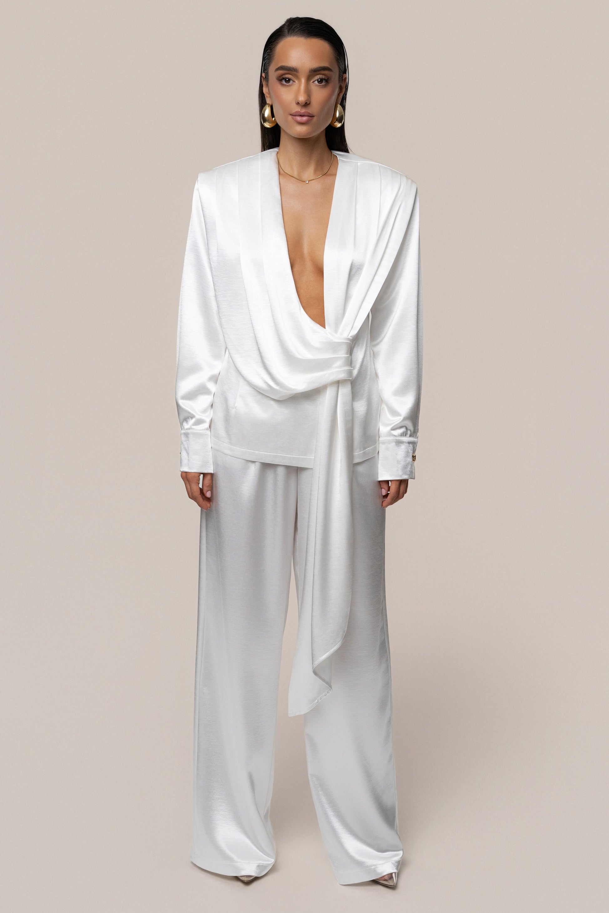 White Statement Draped Satin Top NEWFASHIONEDGE
