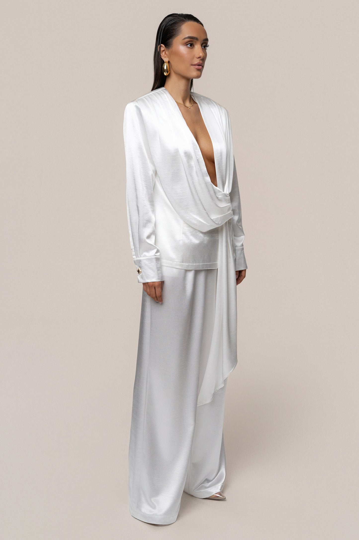 White Statement Draped Satin Top NEWFASHIONEDGE