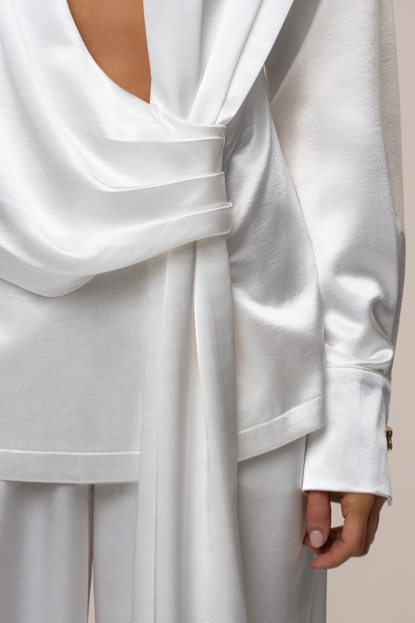 White Statement Draped Satin Top NEWFASHIONEDGE