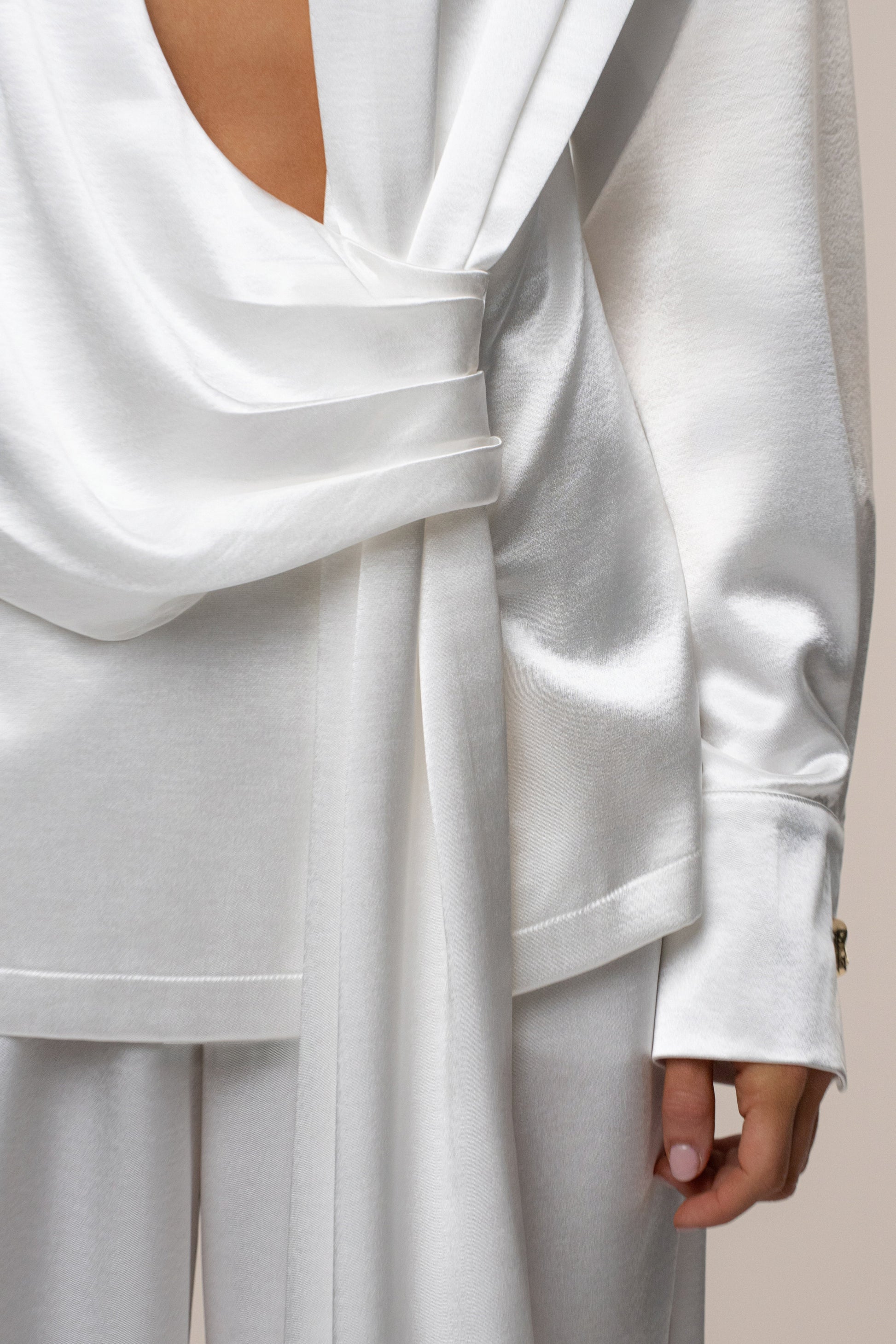 White Statement Draped Satin Top NEWFASHIONEDGE