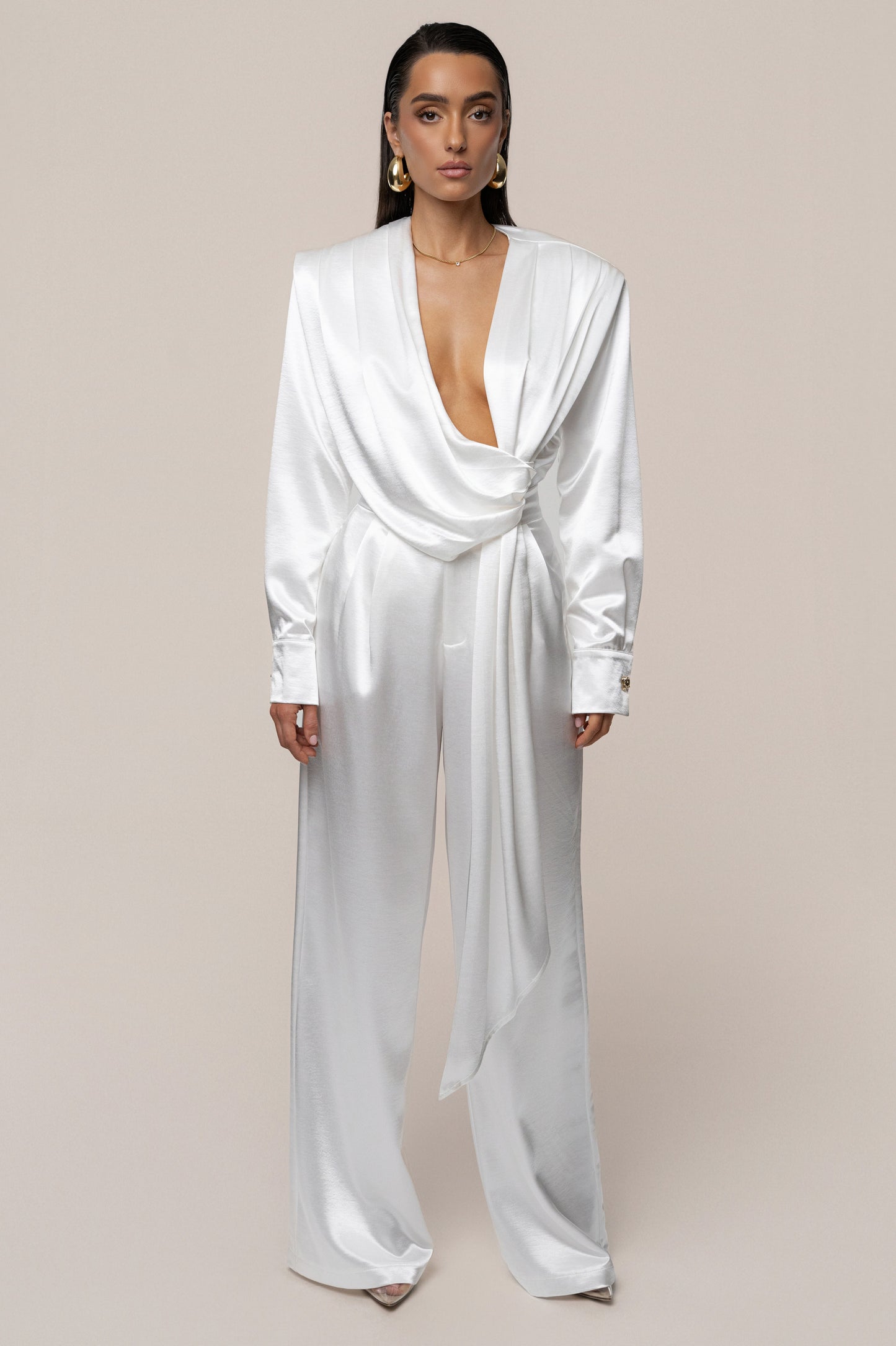 White Statement Draped Satin Top NEWFASHIONEDGE