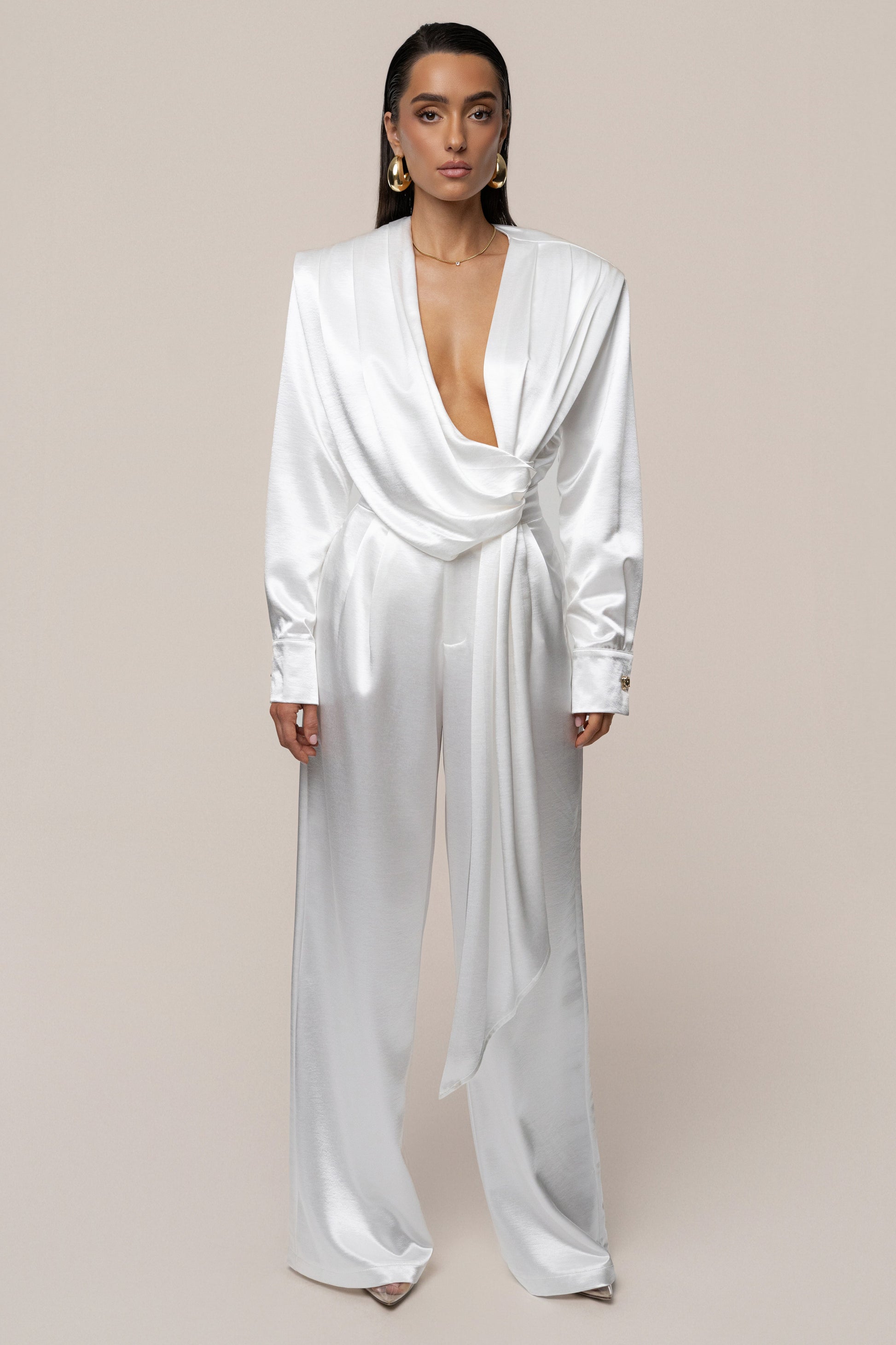 White Statement Draped Satin Top NEWFASHIONEDGE