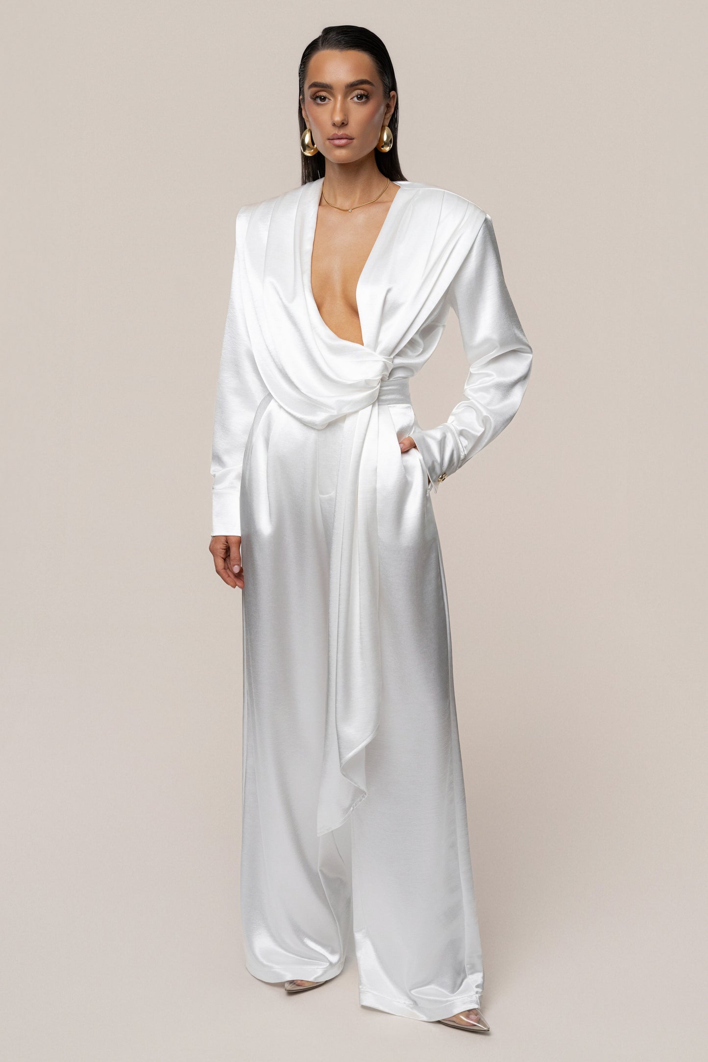 White Statement Draped Satin Top NEWFASHIONEDGE
