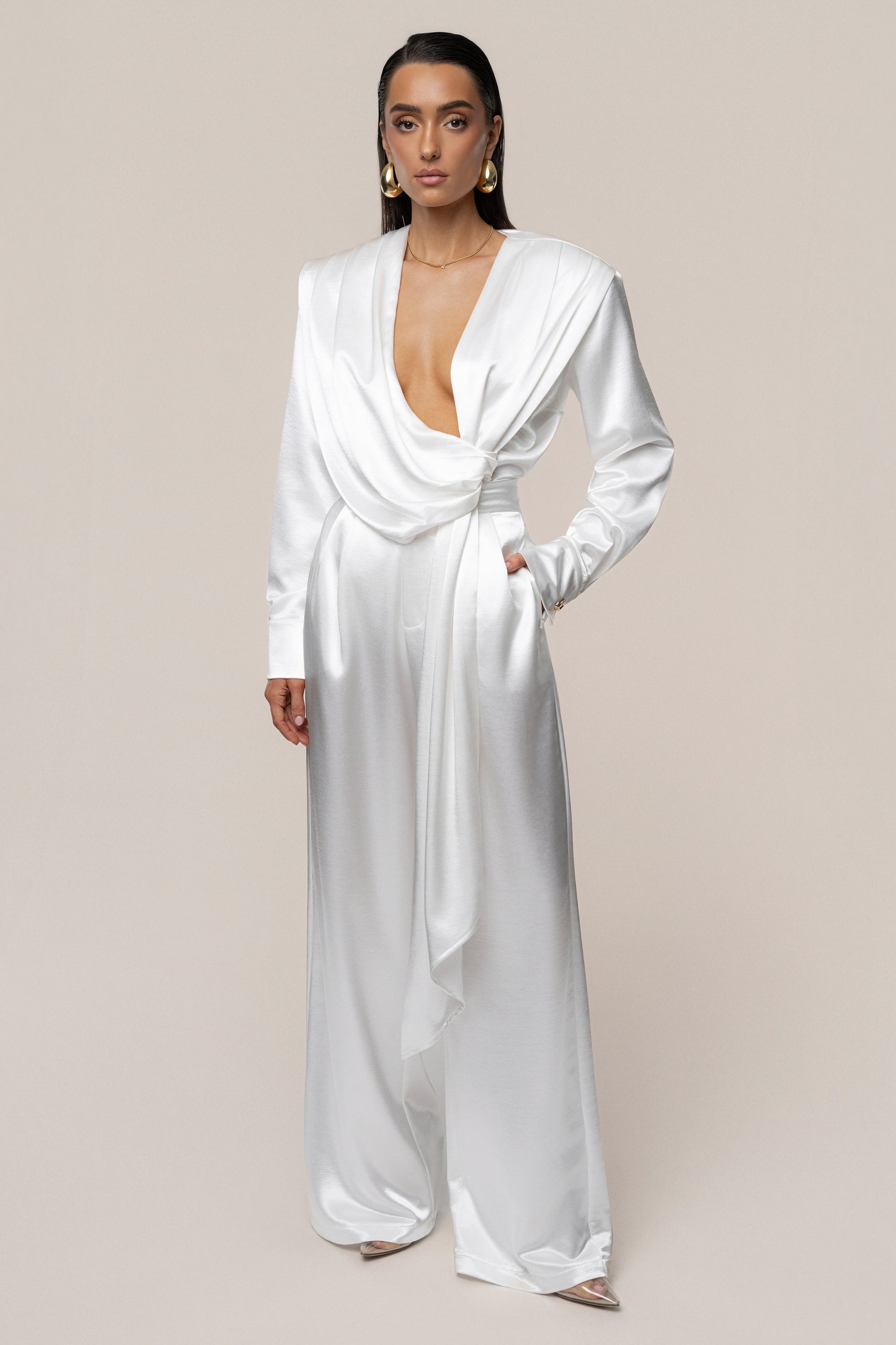 White Signature Satin Trousers NEWFASHIONEDGE