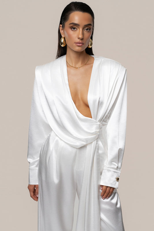 White Statement Draped Satin Top NEWFASHIONEDGE