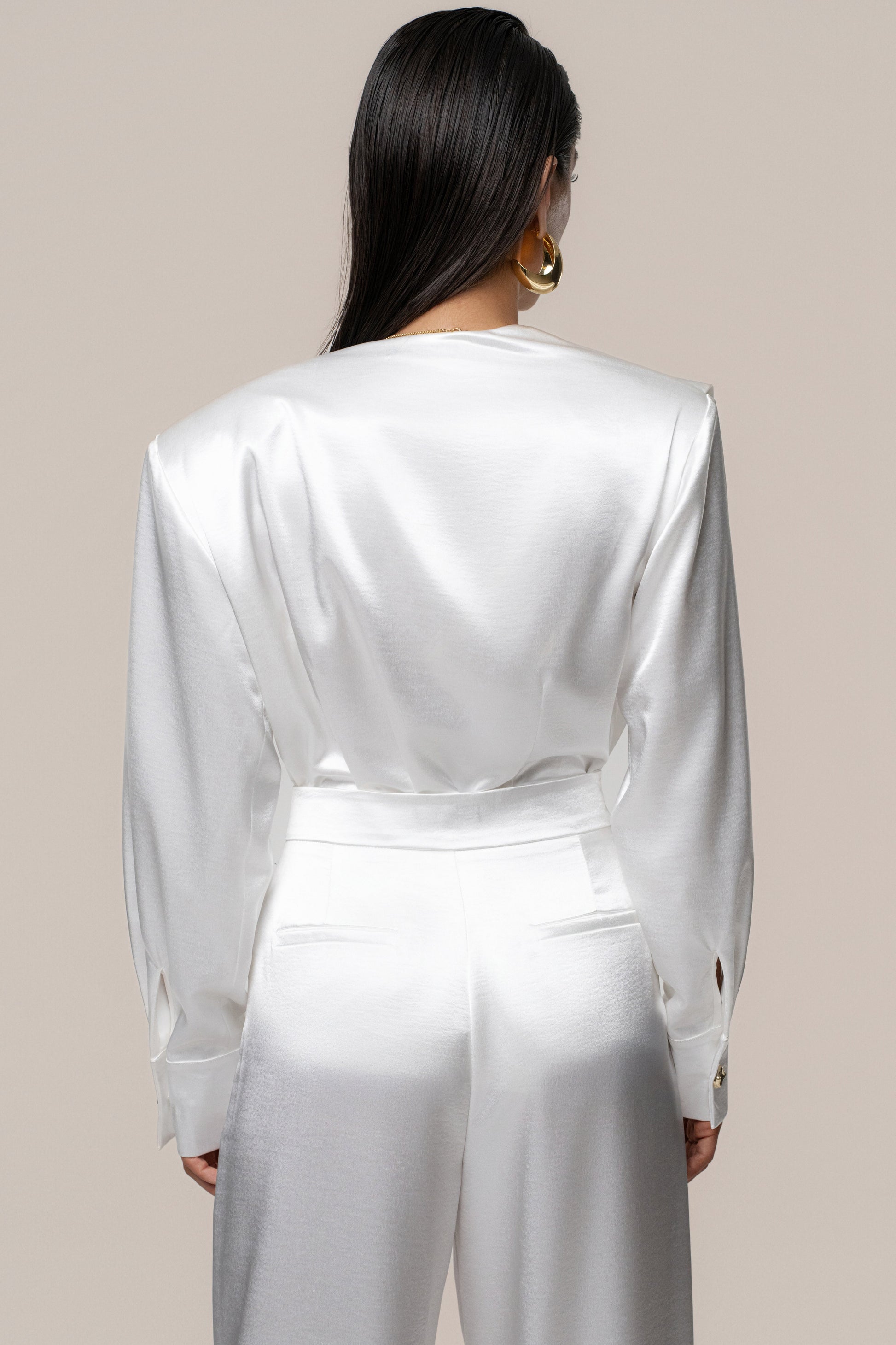 White Statement Draped Satin Top NEWFASHIONEDGE