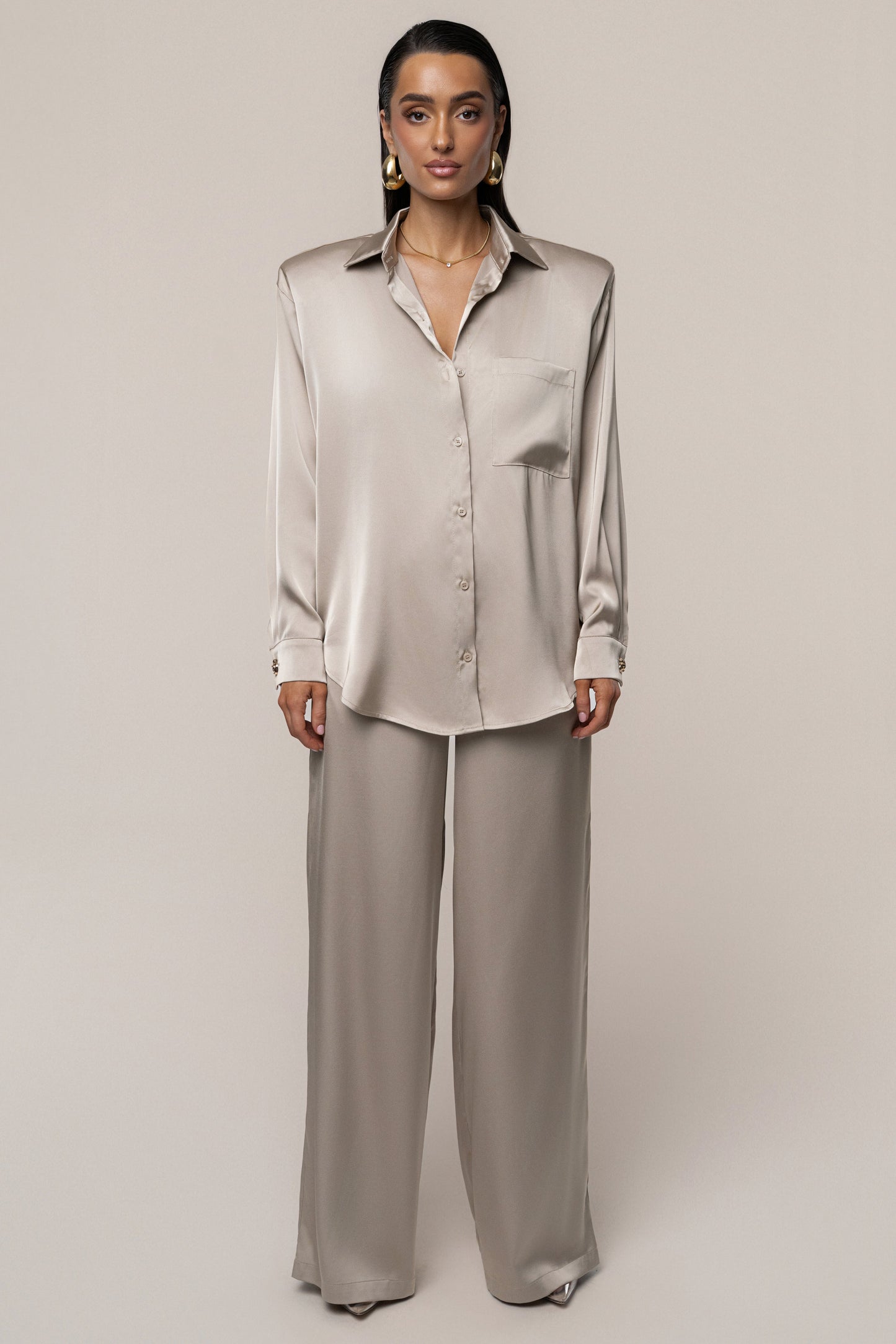 Beige Island Ease Collared Satin Top JLUXLABEL