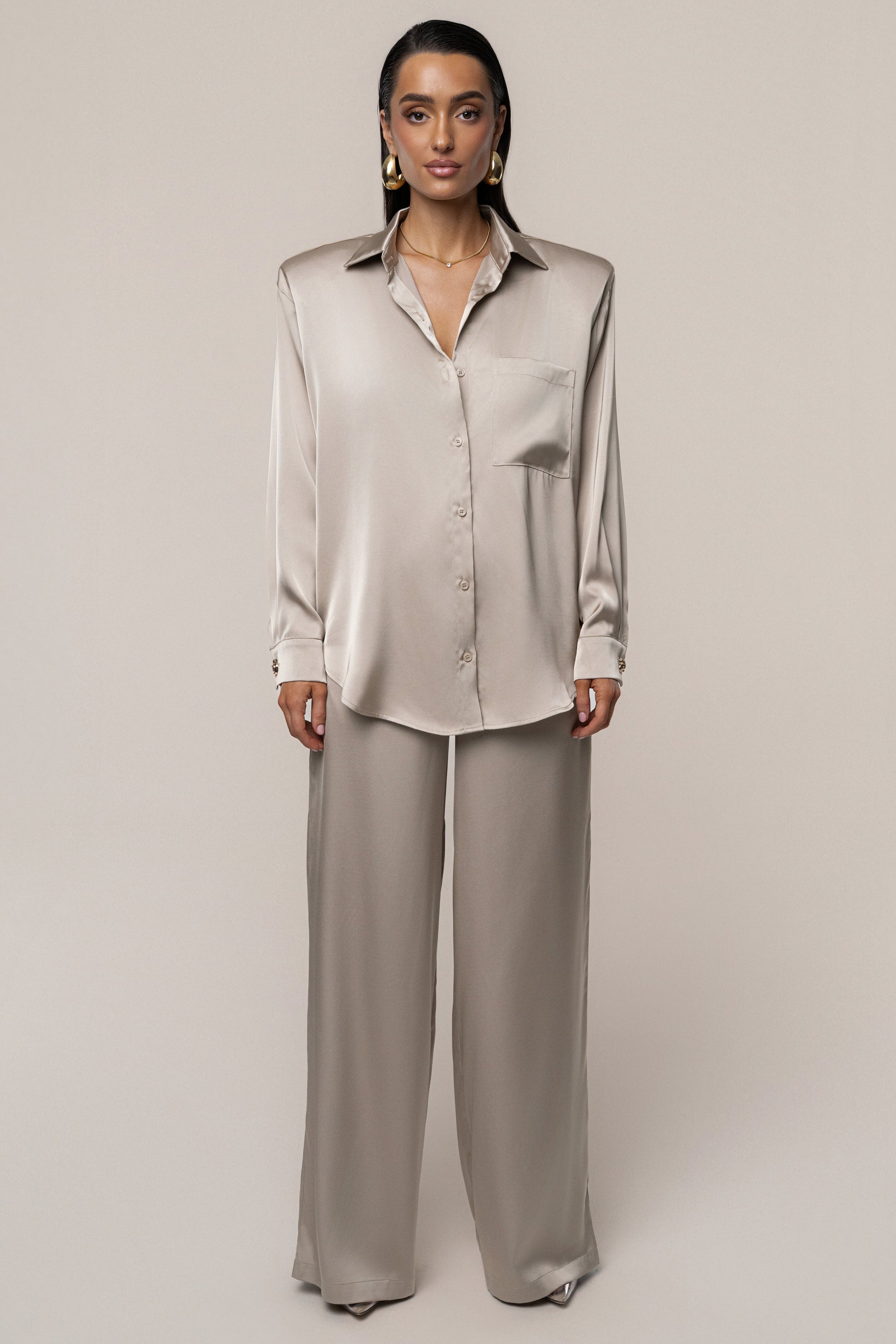 Beige Island Ease Collared Satin Top JLUXLABEL
