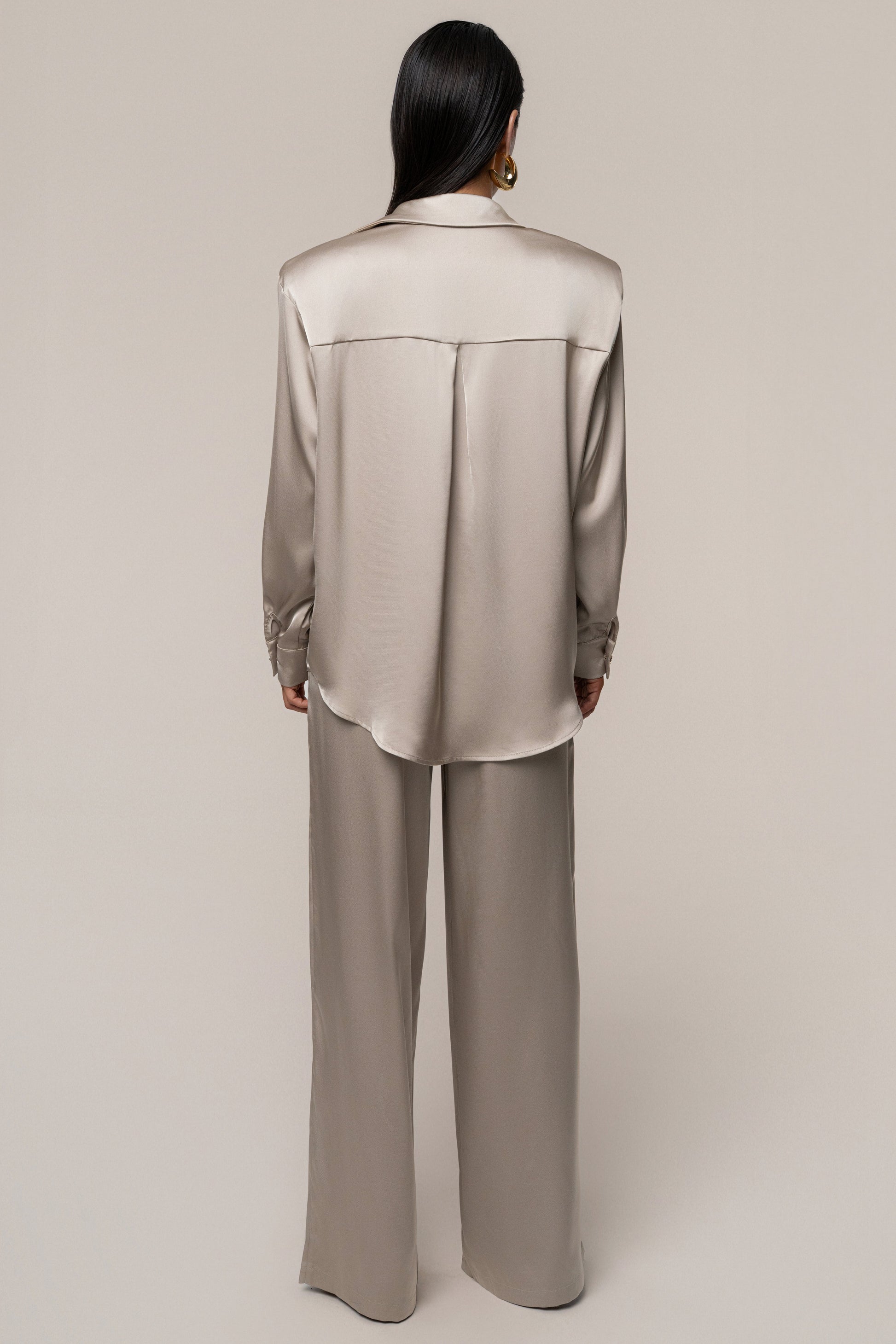 Beige Island Ease Collared Satin Top JLUXLABEL
