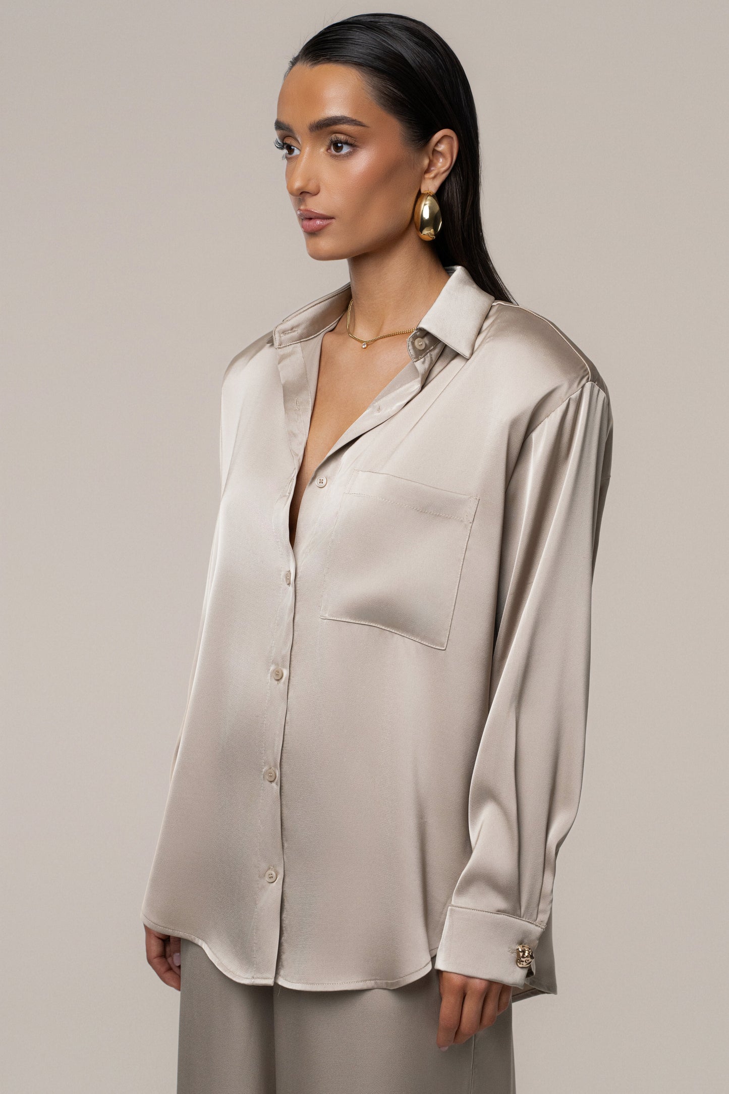 Beige Island Ease Collared Satin Top JLUXLABEL