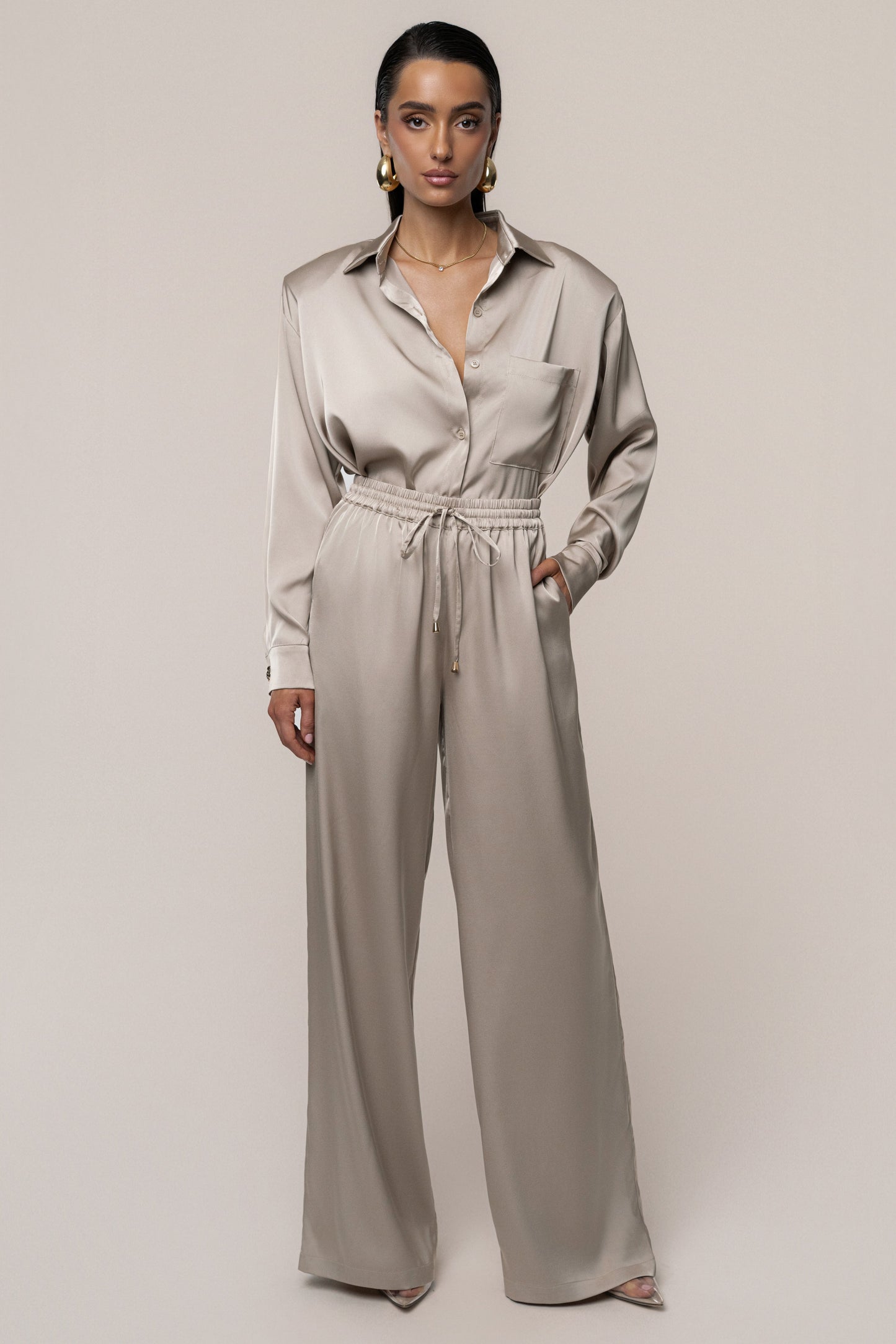 Beige Island Ease Collared Satin Top JLUXLABEL