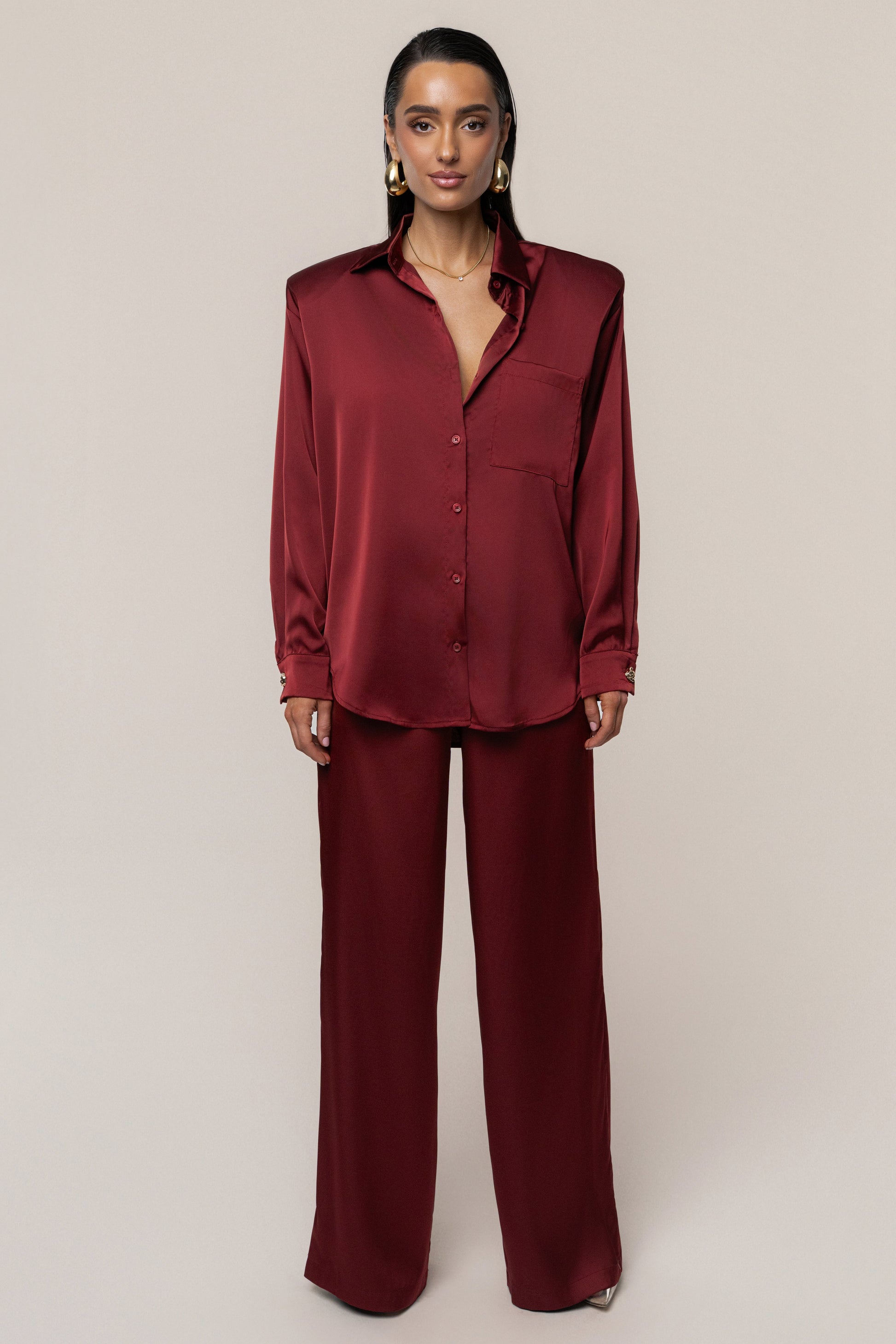 Burgundy Island Ease Collared Satin Top JLUXLABEL