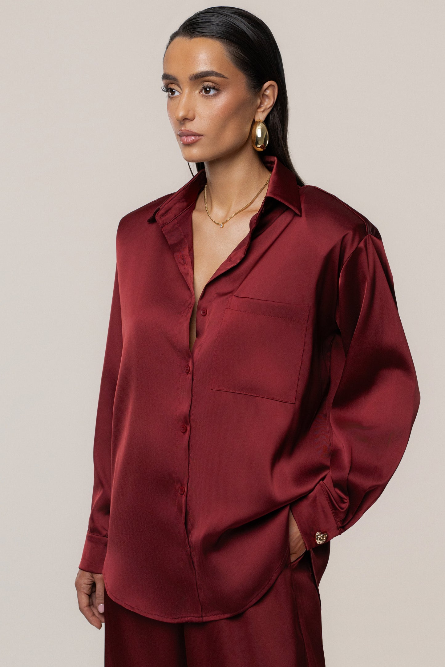 Burgundy Island Ease Collared Satin Top JLUXLABEL