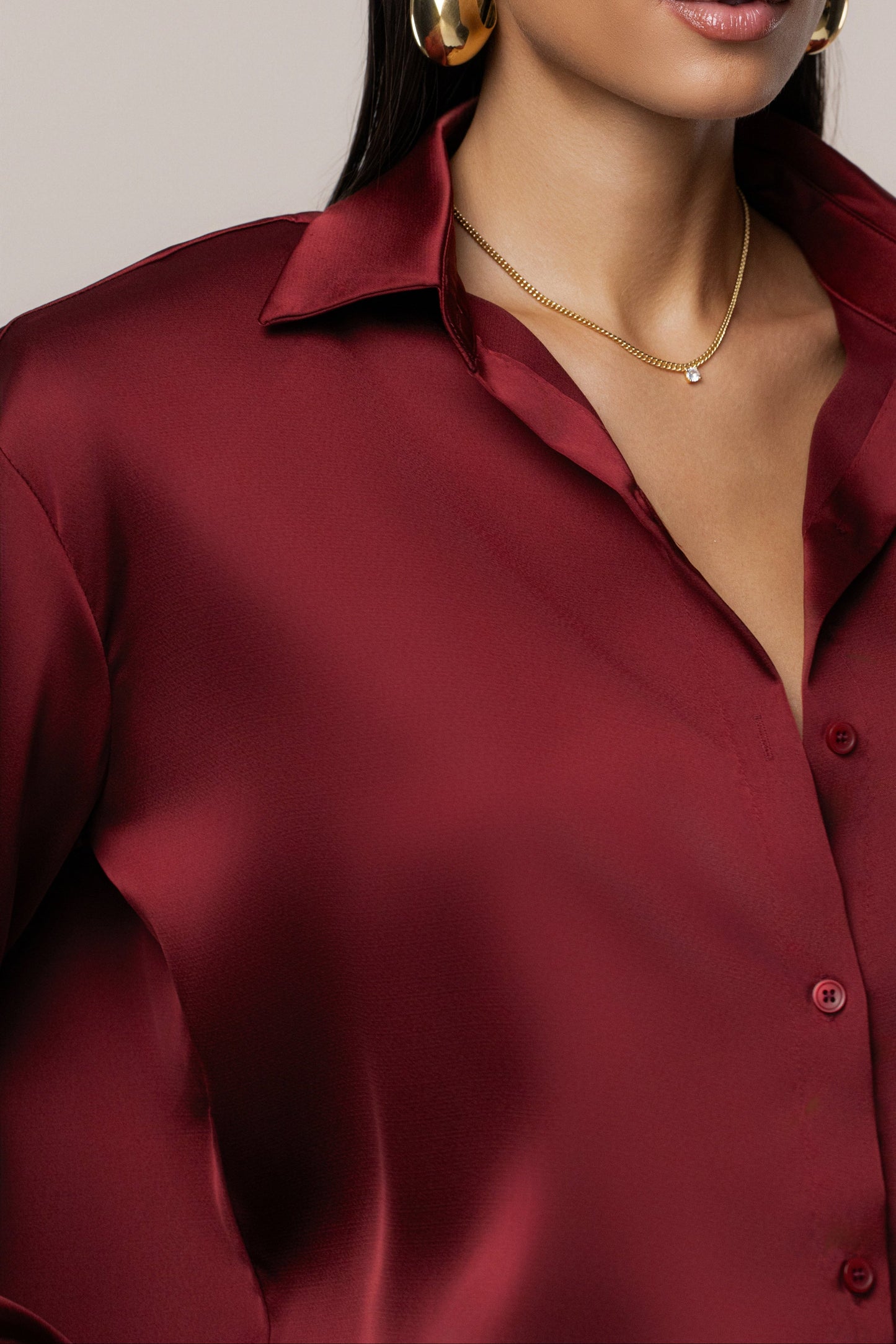 Burgundy Island Ease Collared Satin Top JLUXLABEL
