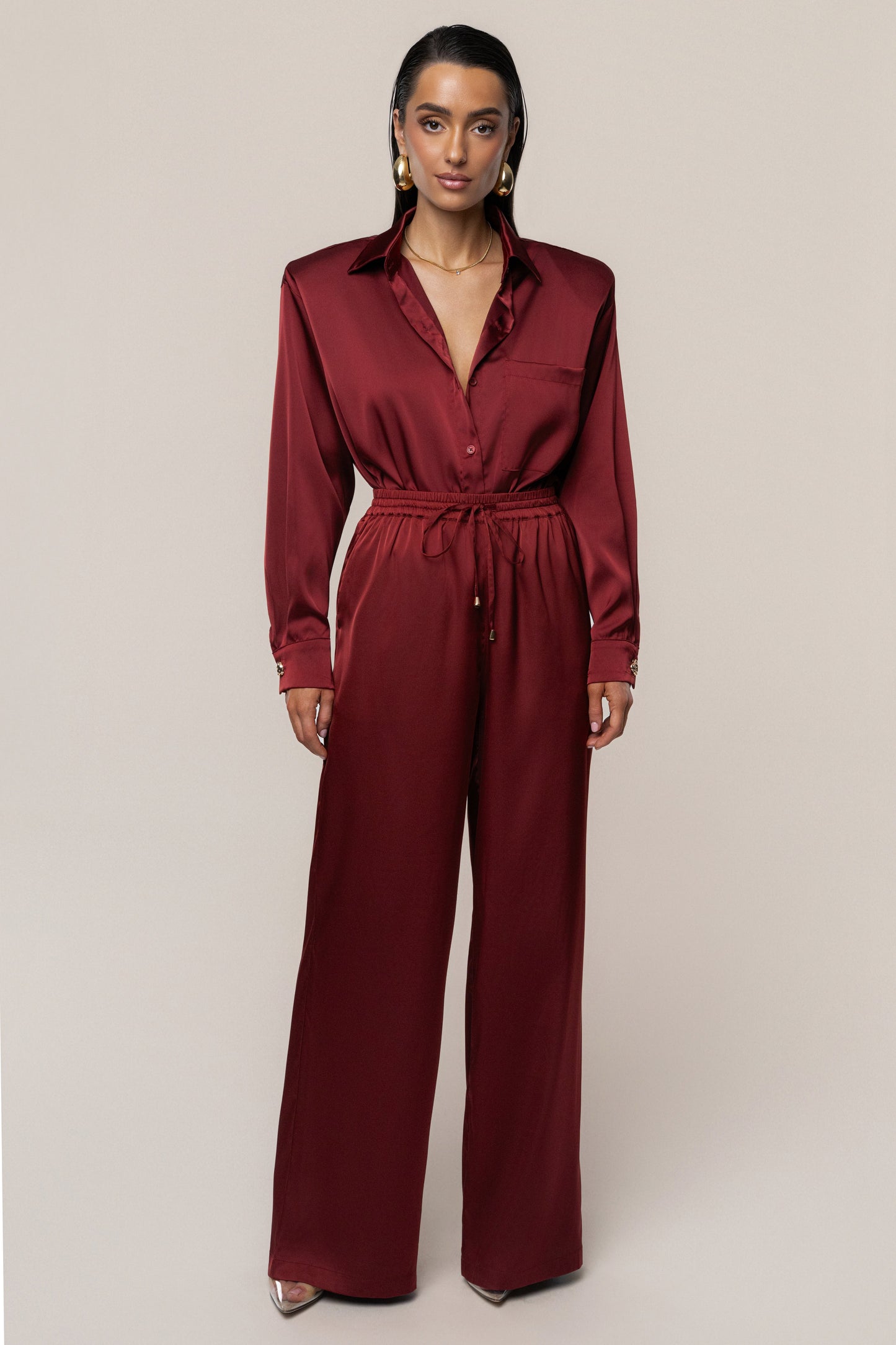 Burgundy Island Ease Collared Satin Top JLUXLABEL