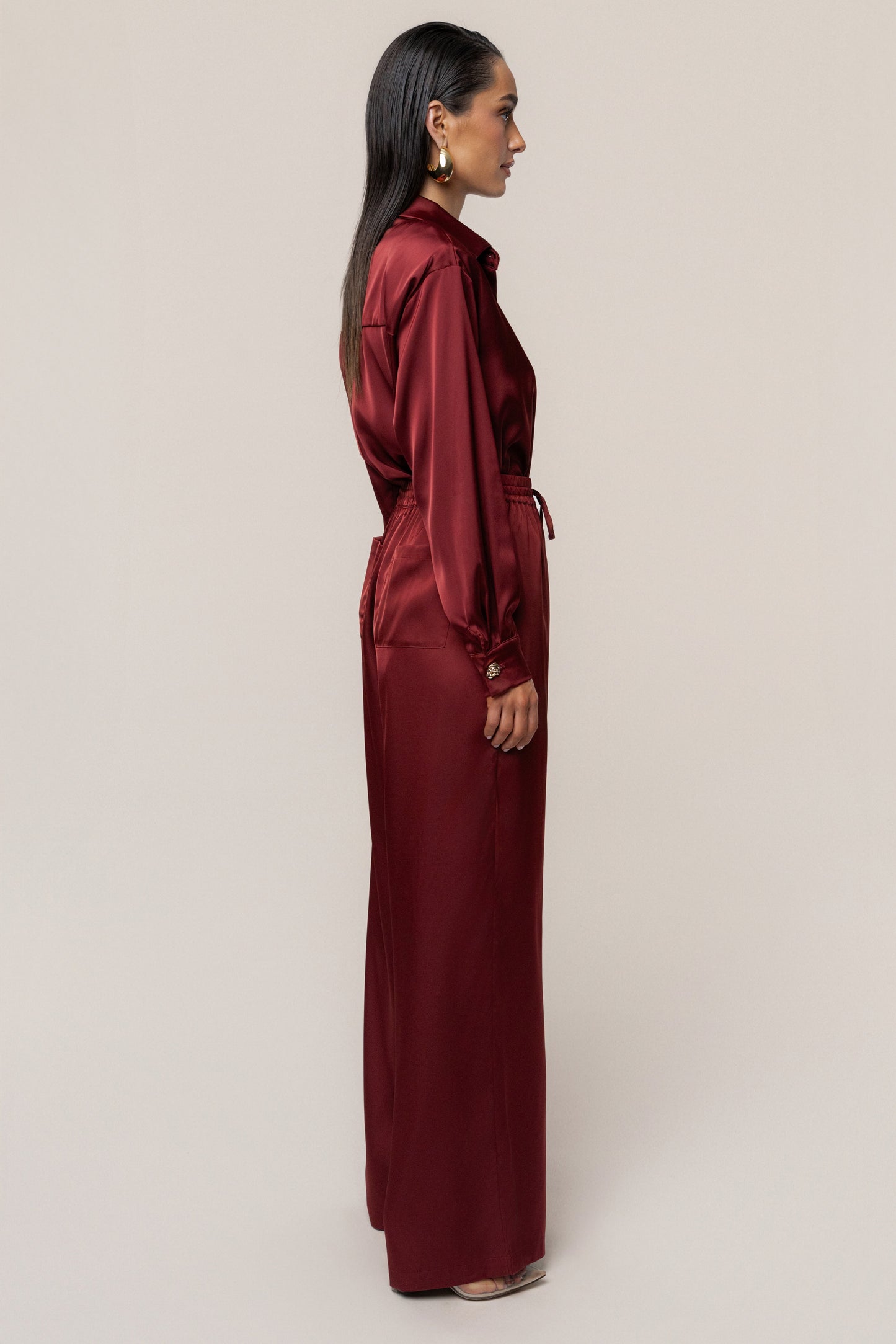 Burgundy Island Ease Collared Satin Top JLUXLABEL