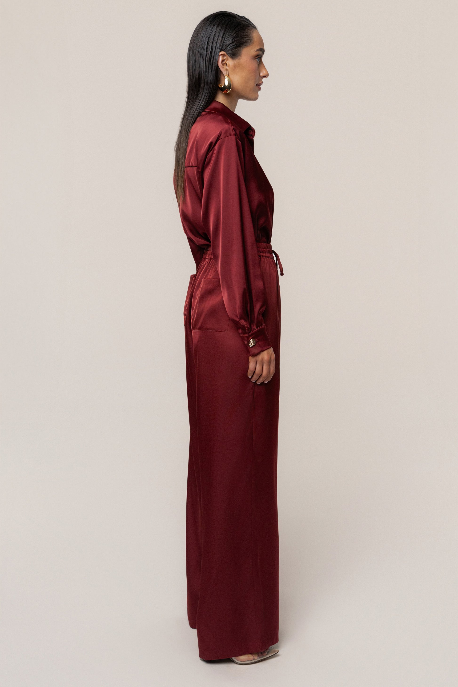 Burgundy Island Ease Collared Satin Top JLUXLABEL