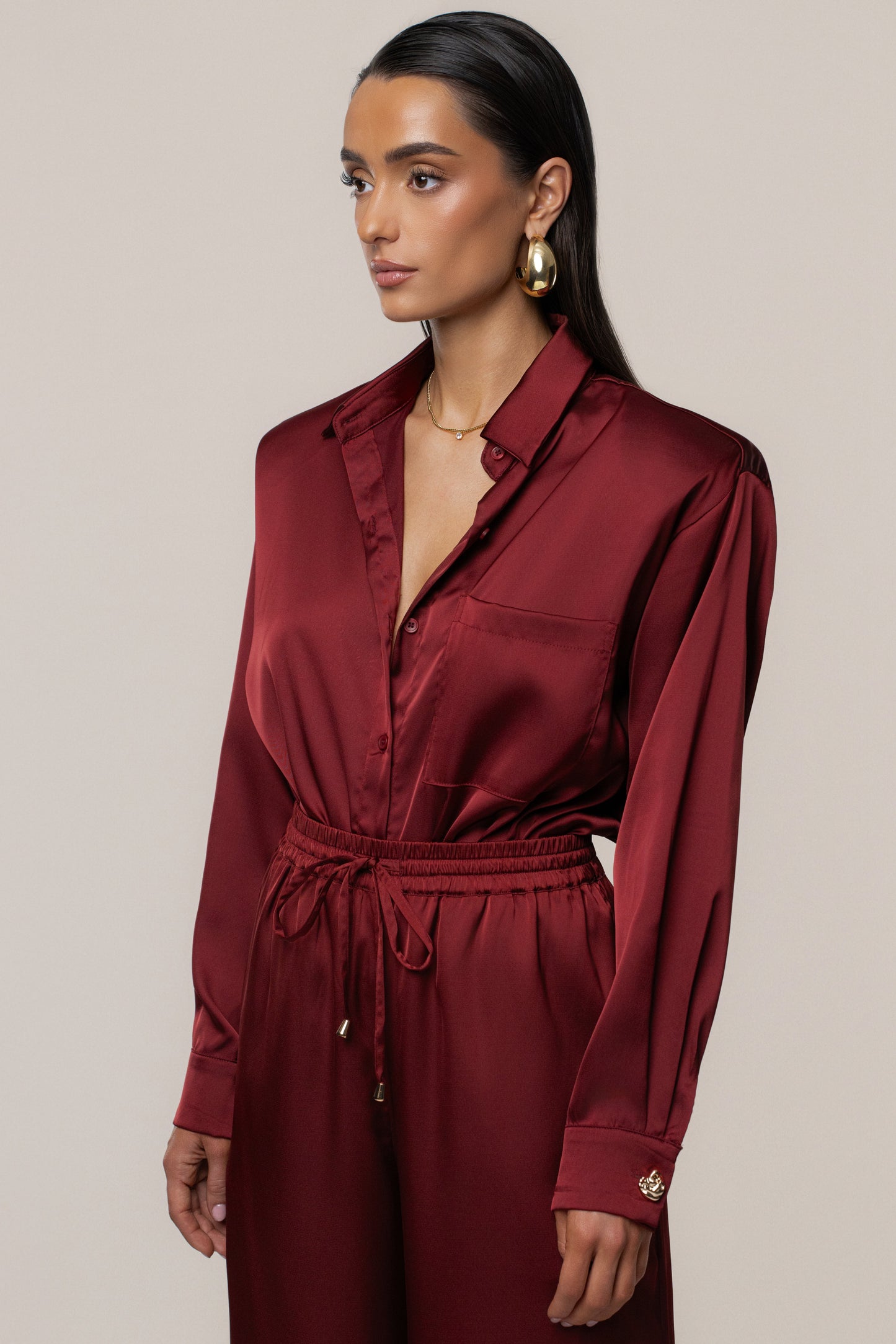 Burgundy Island Ease Collared Satin Top JLUXLABEL