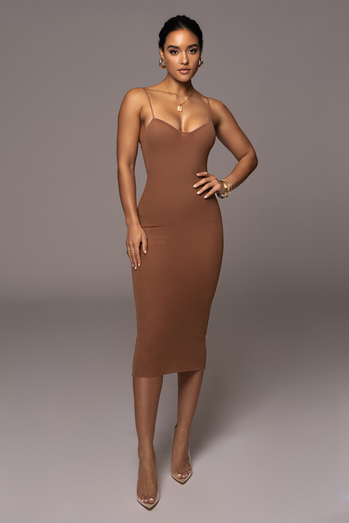 Pecan Rochelle Mesh Midi Dress JLUXLABEL