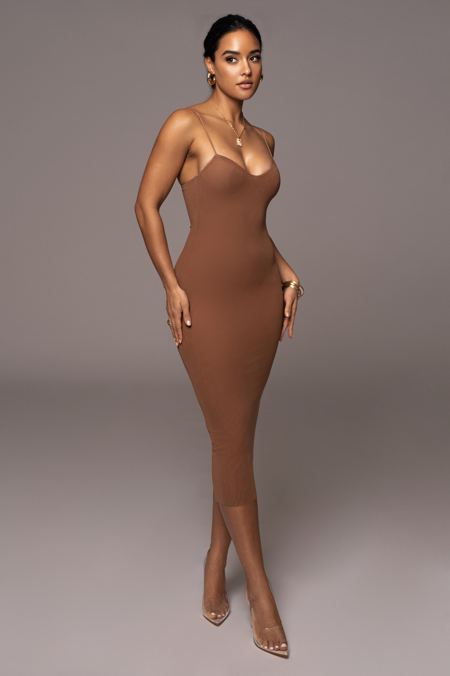 Pecan Rochelle Mesh Midi Dress JLUXLABEL