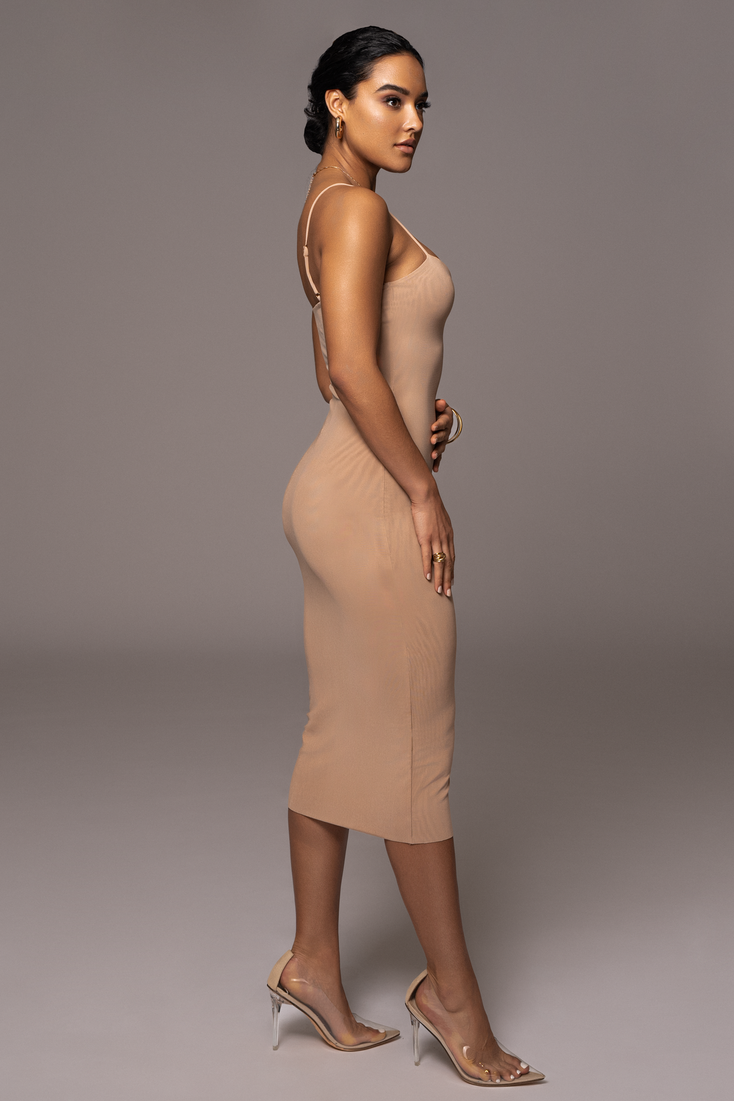 Beige Rochelle Mesh Midi Dress JLUXLABEL