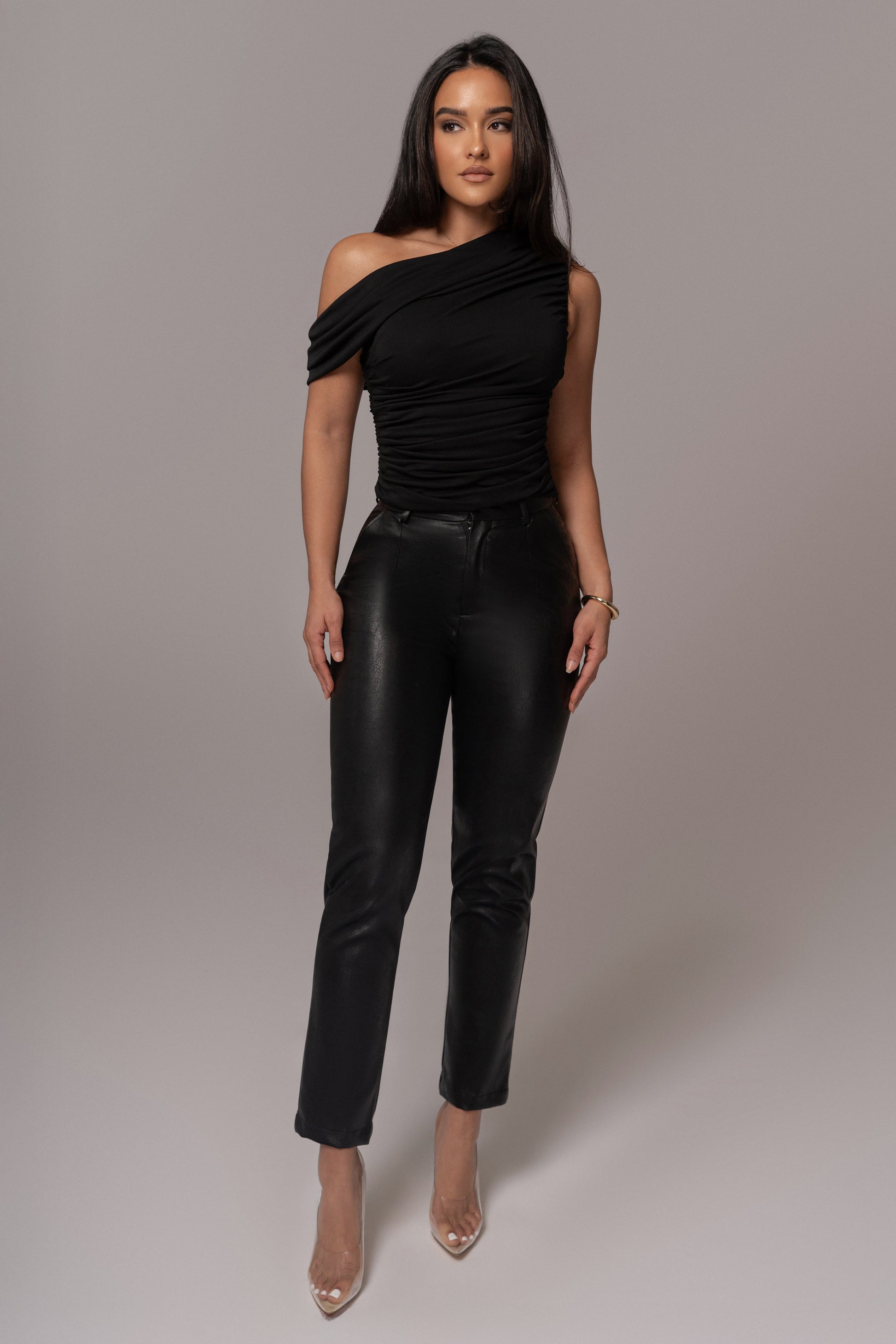 Black Asymmetric Draped Roselyn Top JLUXLABEL