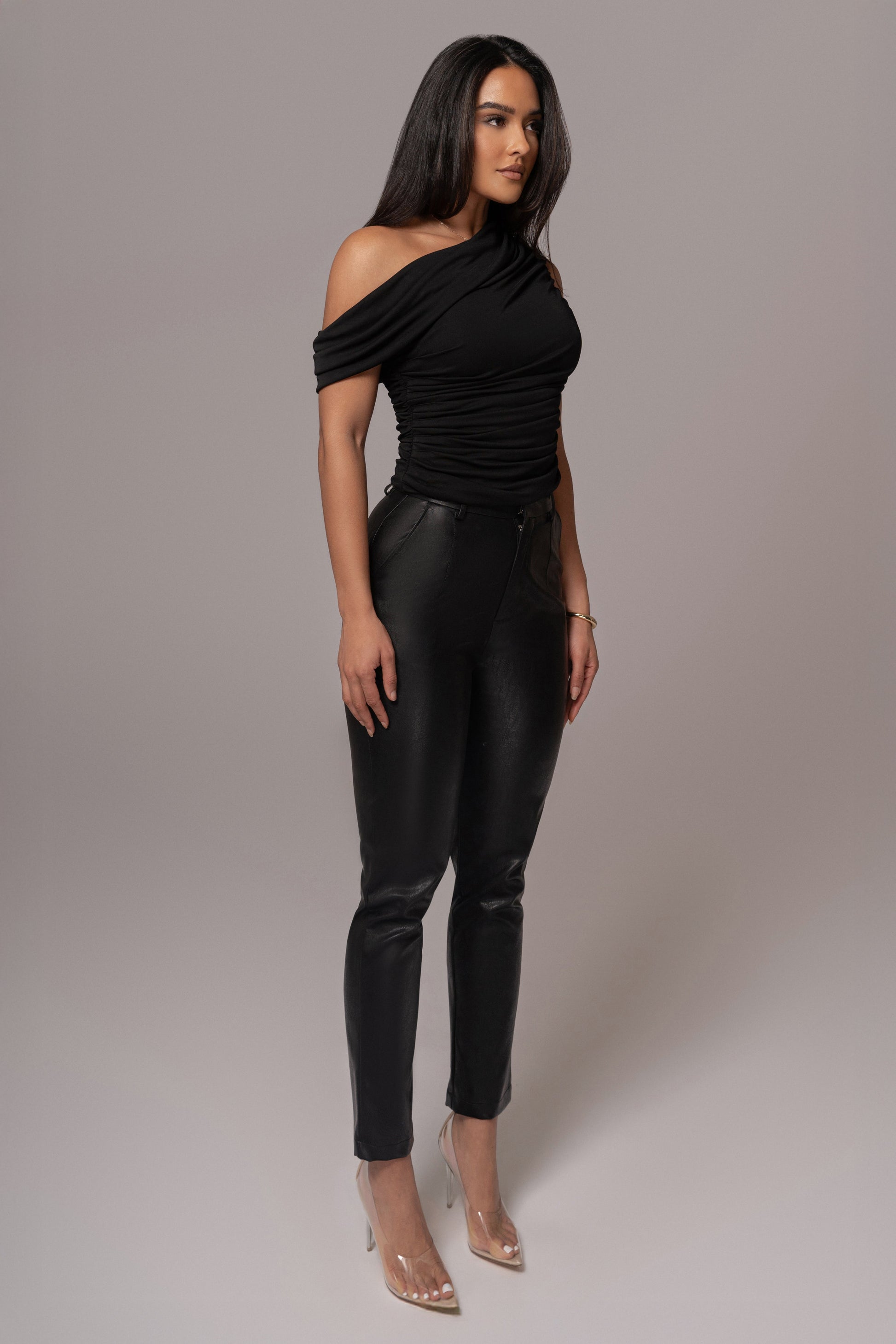 Black Asymmetric Draped Roselyn Top JLUXLABEL
