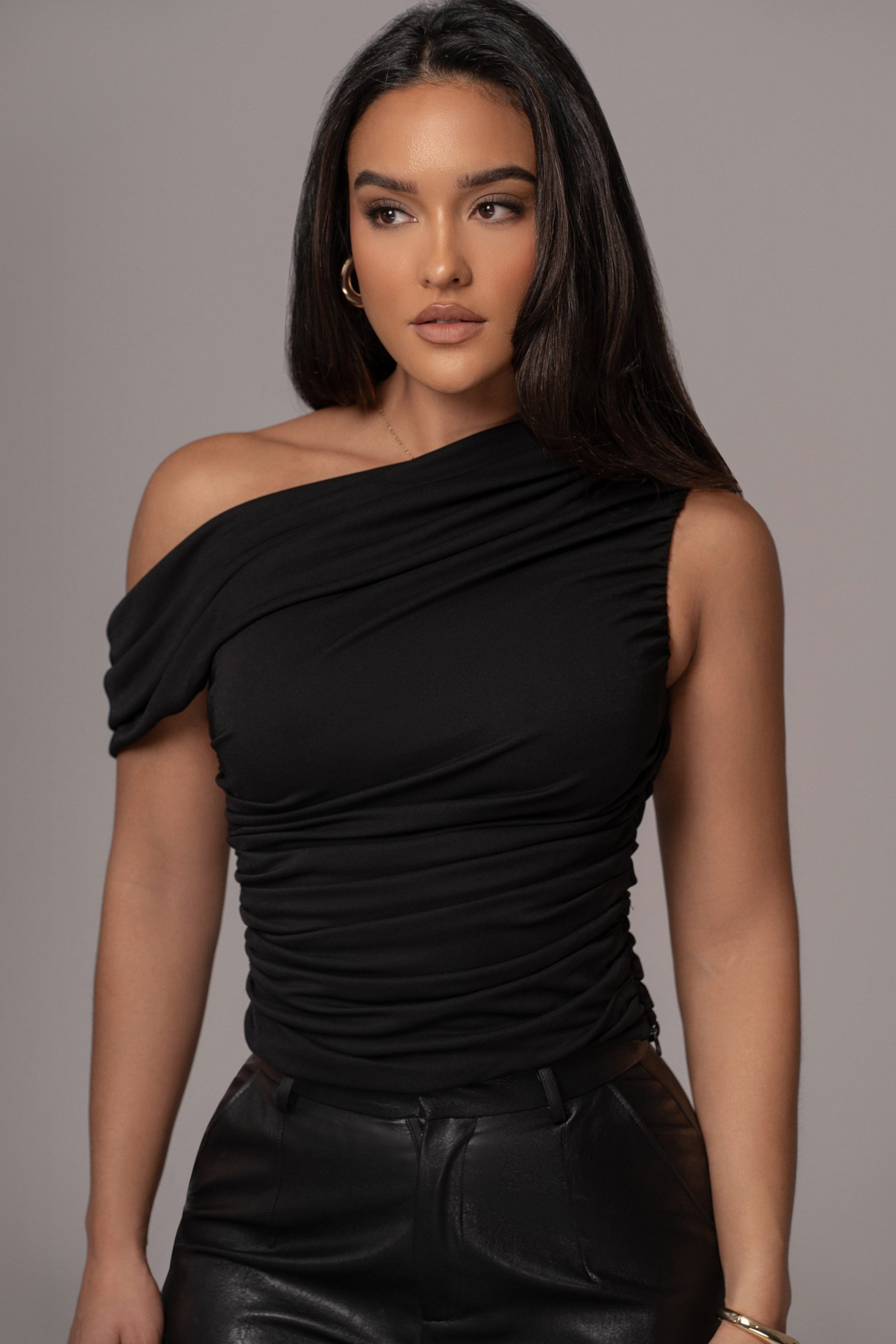 Black Asymmetric Draped Roselyn Top JLUXLABEL
