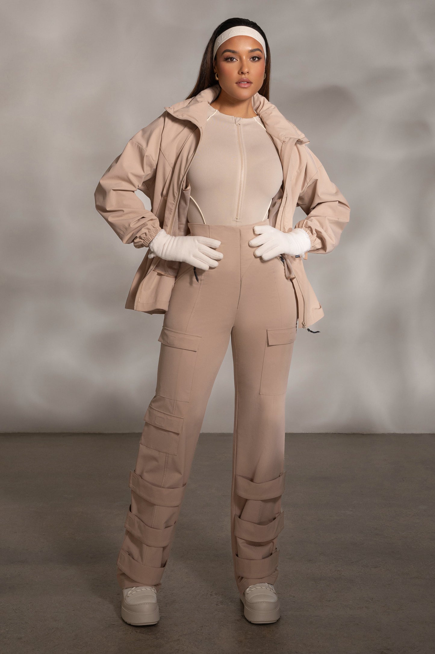 Beige Rise Up Zip Front Bodysuit JLUXLABEL