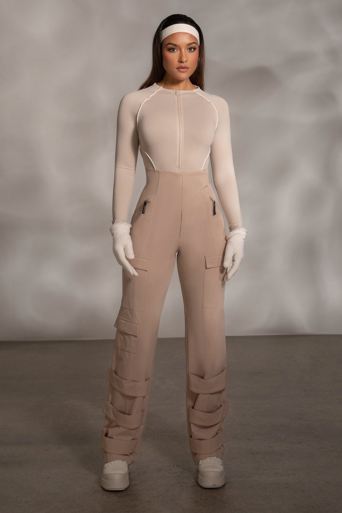 Beige Rise Up Zip Front Bodysuit JLUXLABEL