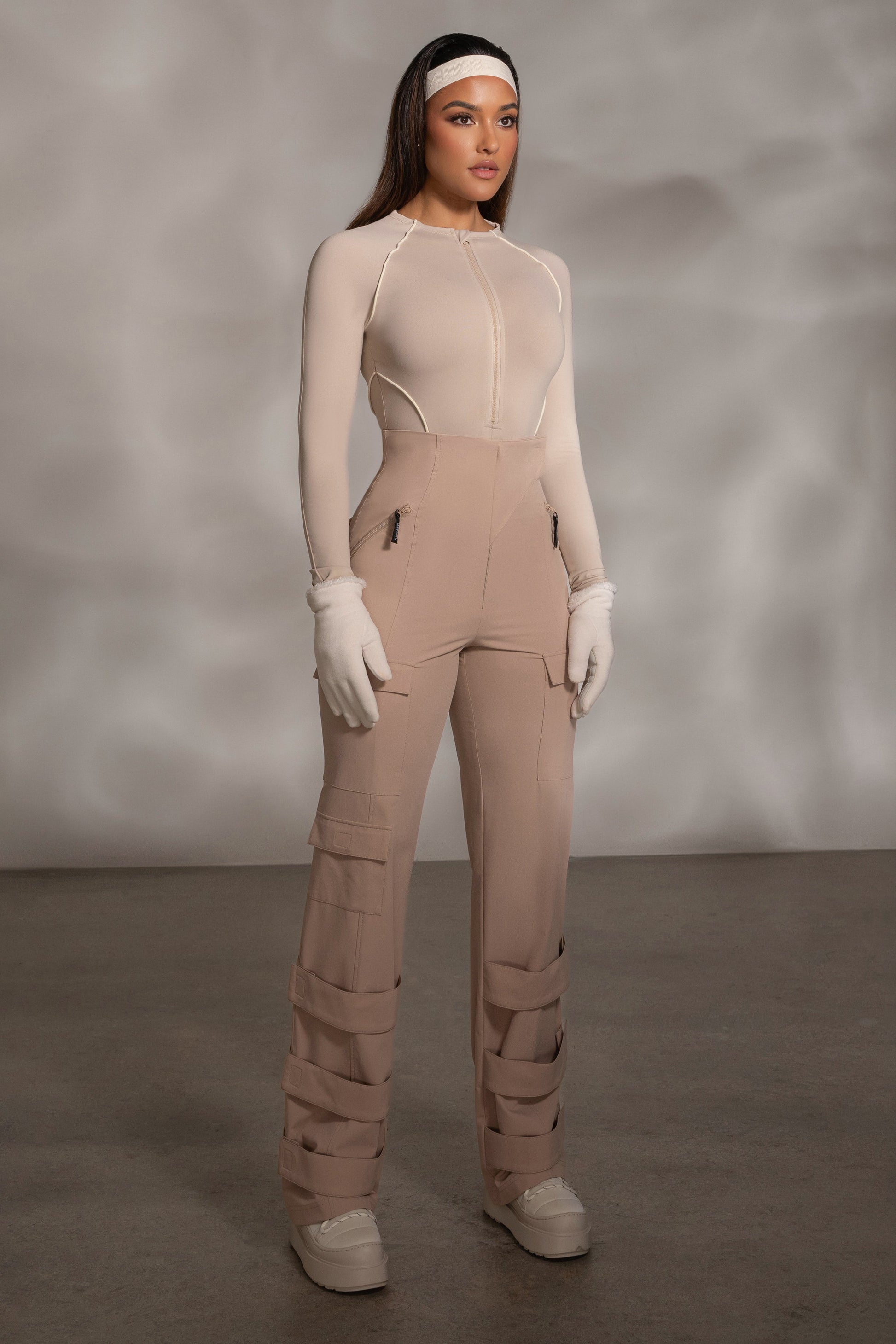 Beige Rise Up Zip Front Bodysuit JLUXLABEL