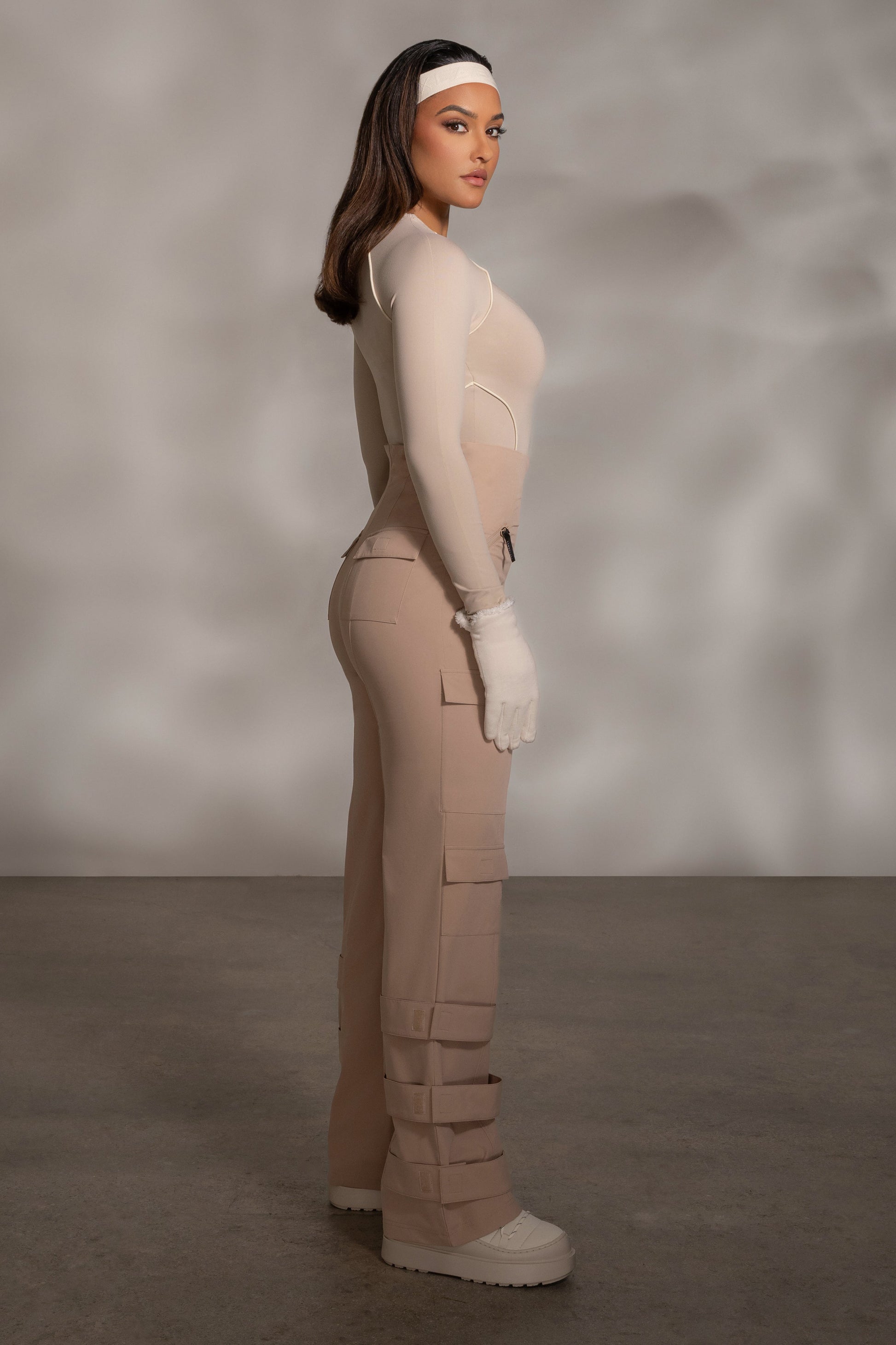 Beige Rise Up Zip Front Bodysuit JLUXLABEL
