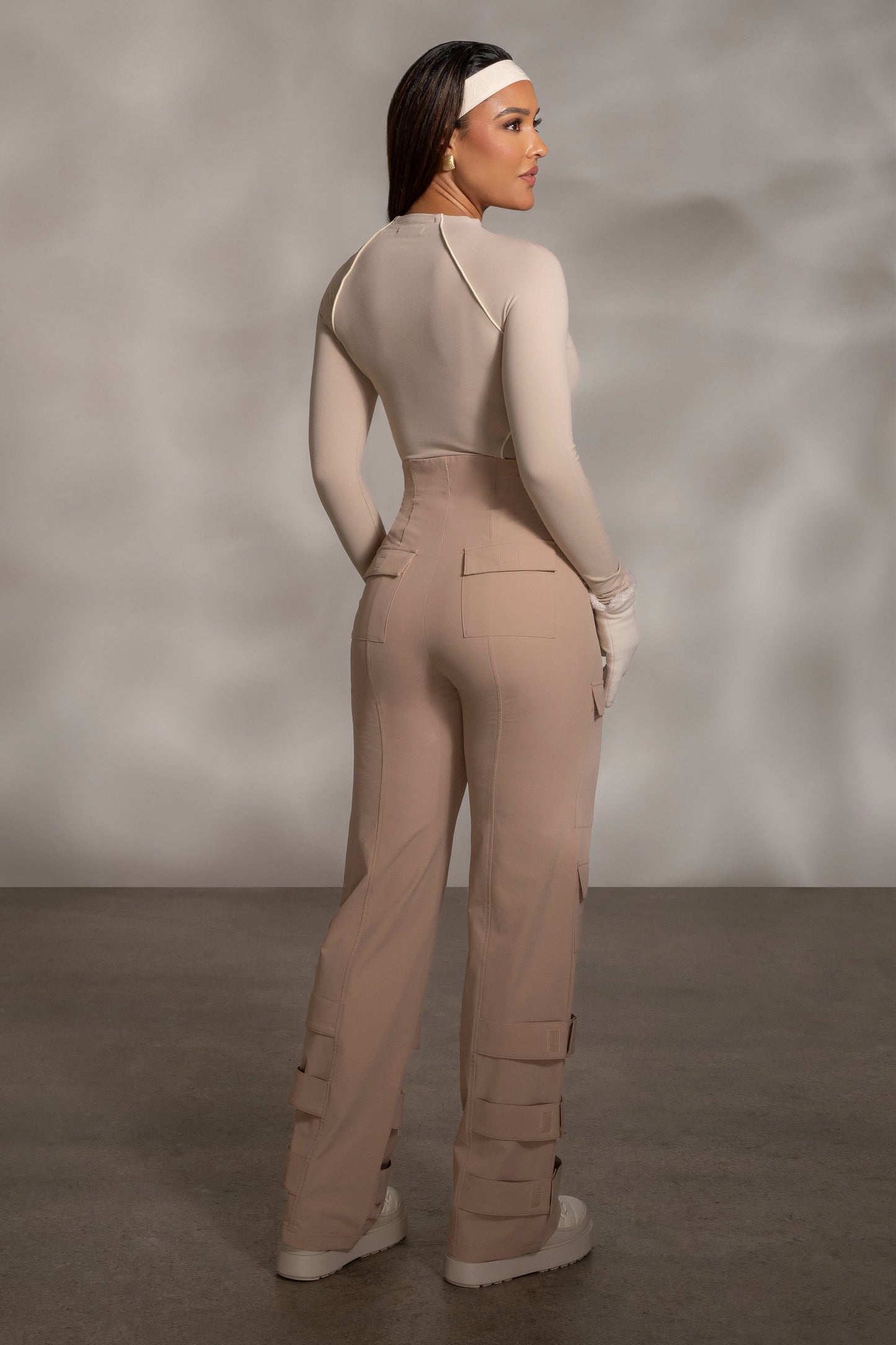Beige Rise Up Zip Front Bodysuit JLUXLABEL