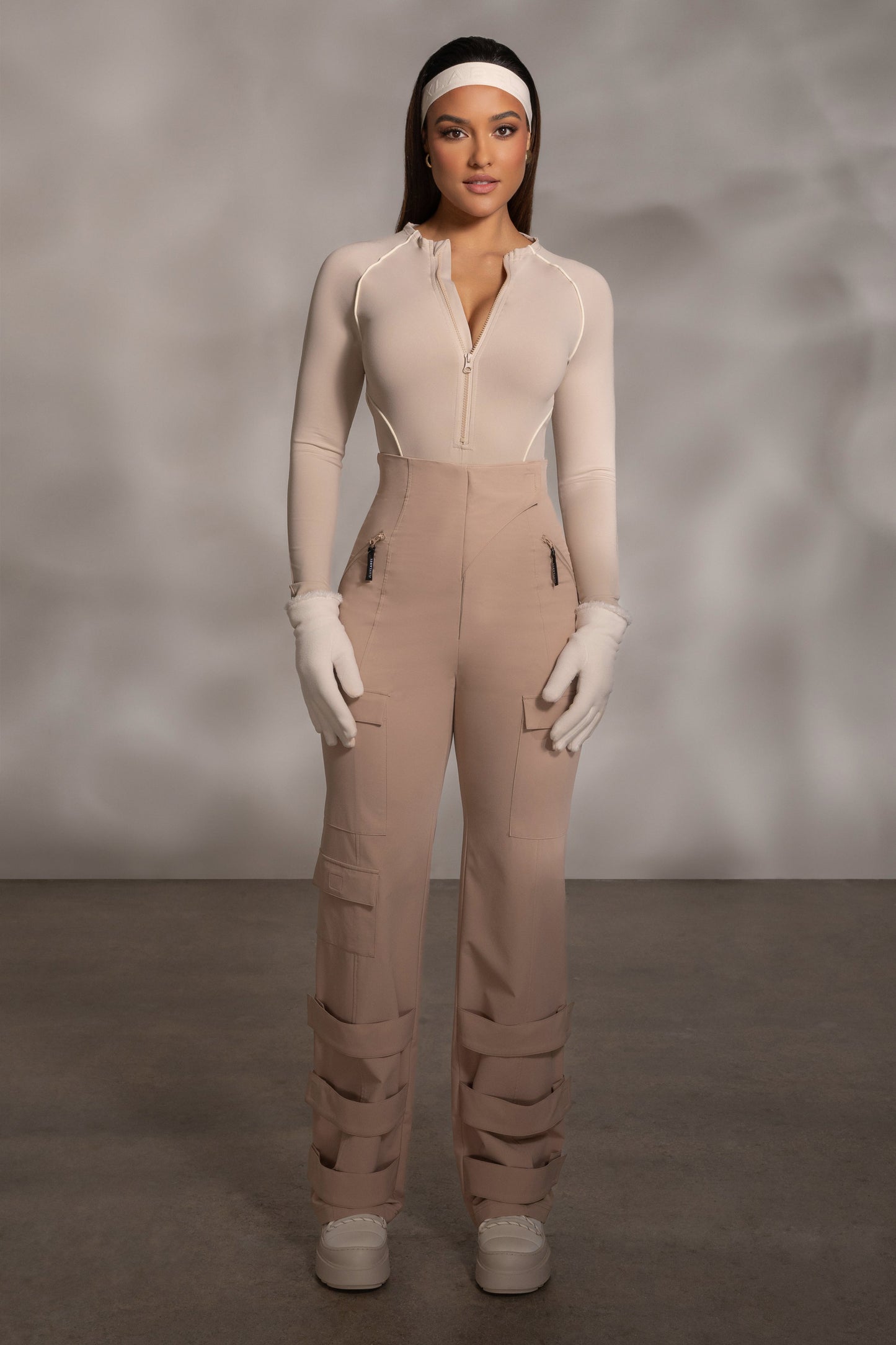 Beige Rise Up Zip Front Bodysuit JLUXLABEL
