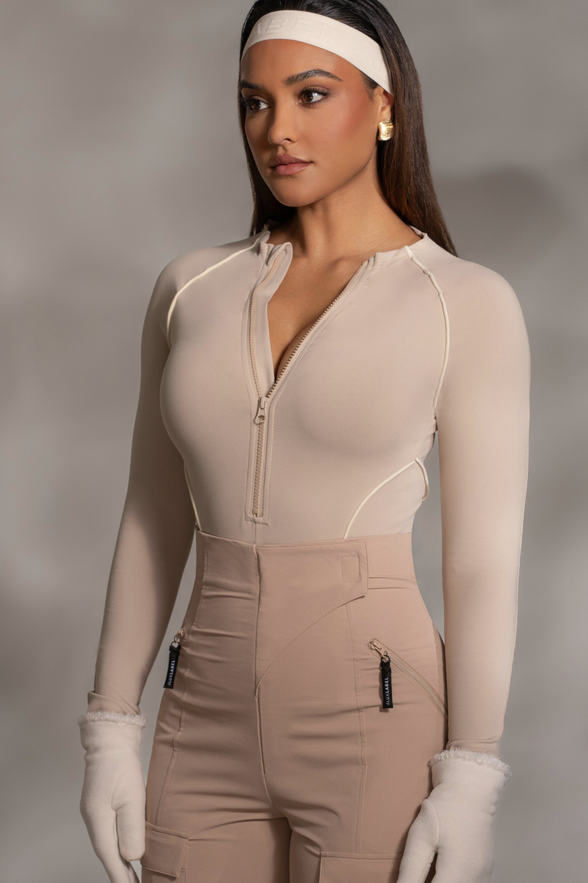 Beige Rise Up Zip Front Bodysuit JLUXLABEL