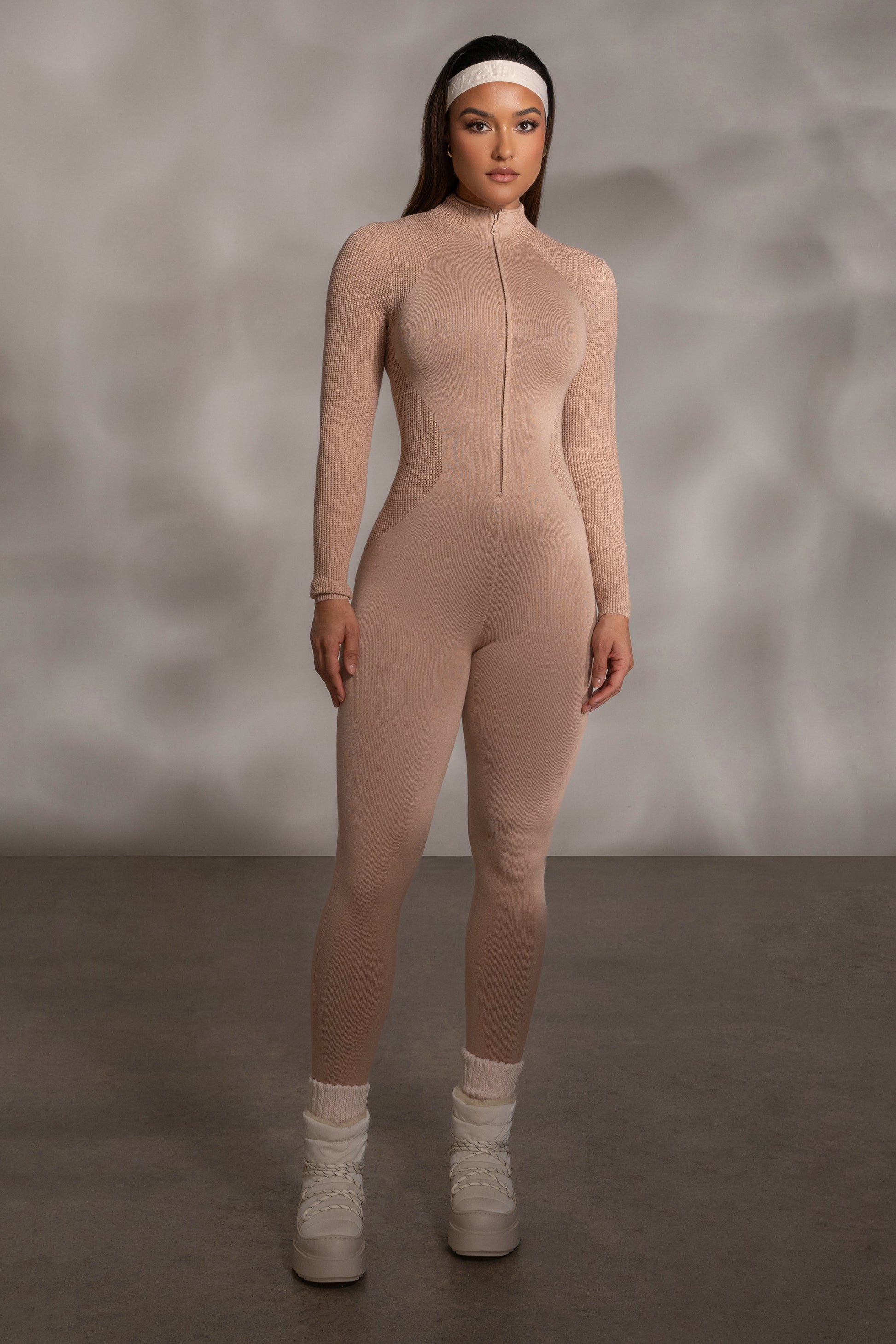 Beige Kris Front Zipper Jumpsuit JLUXLABEL