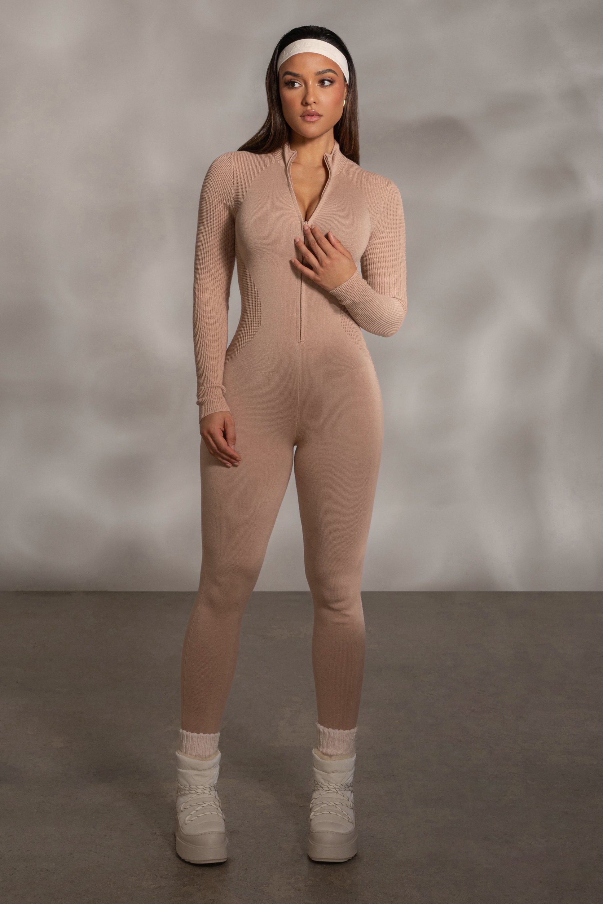 Beige Kris Front Zipper Jumpsuit JLUXLABEL