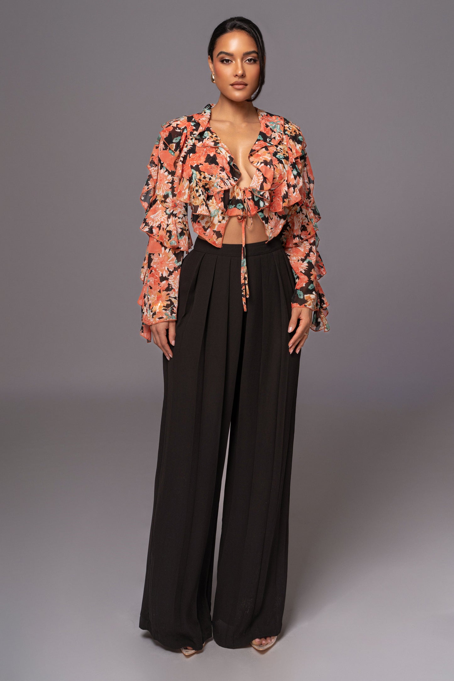 Black Floral Yvanna Ruffle Top JLUXLABEL