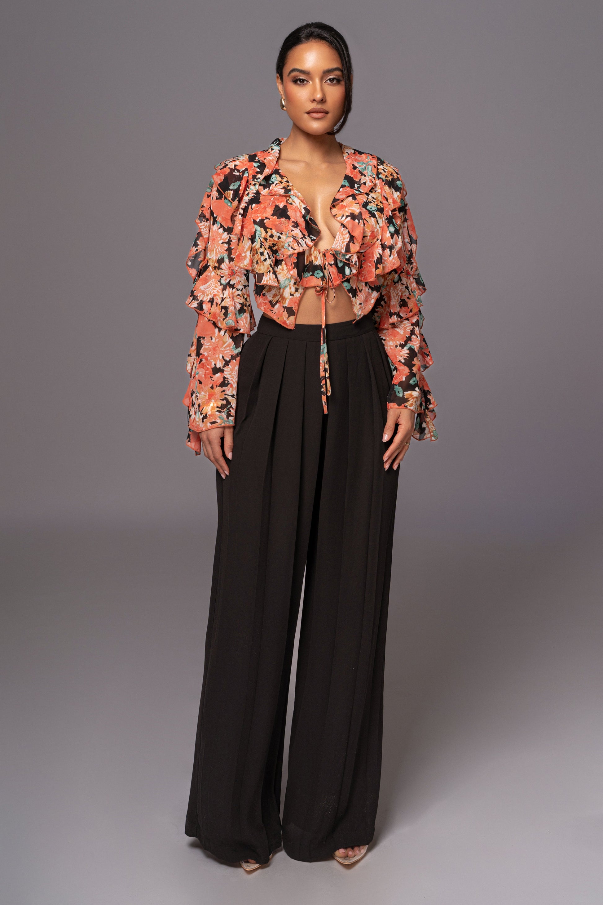 Black Floral Yvanna Ruffle Top JLUXLABEL