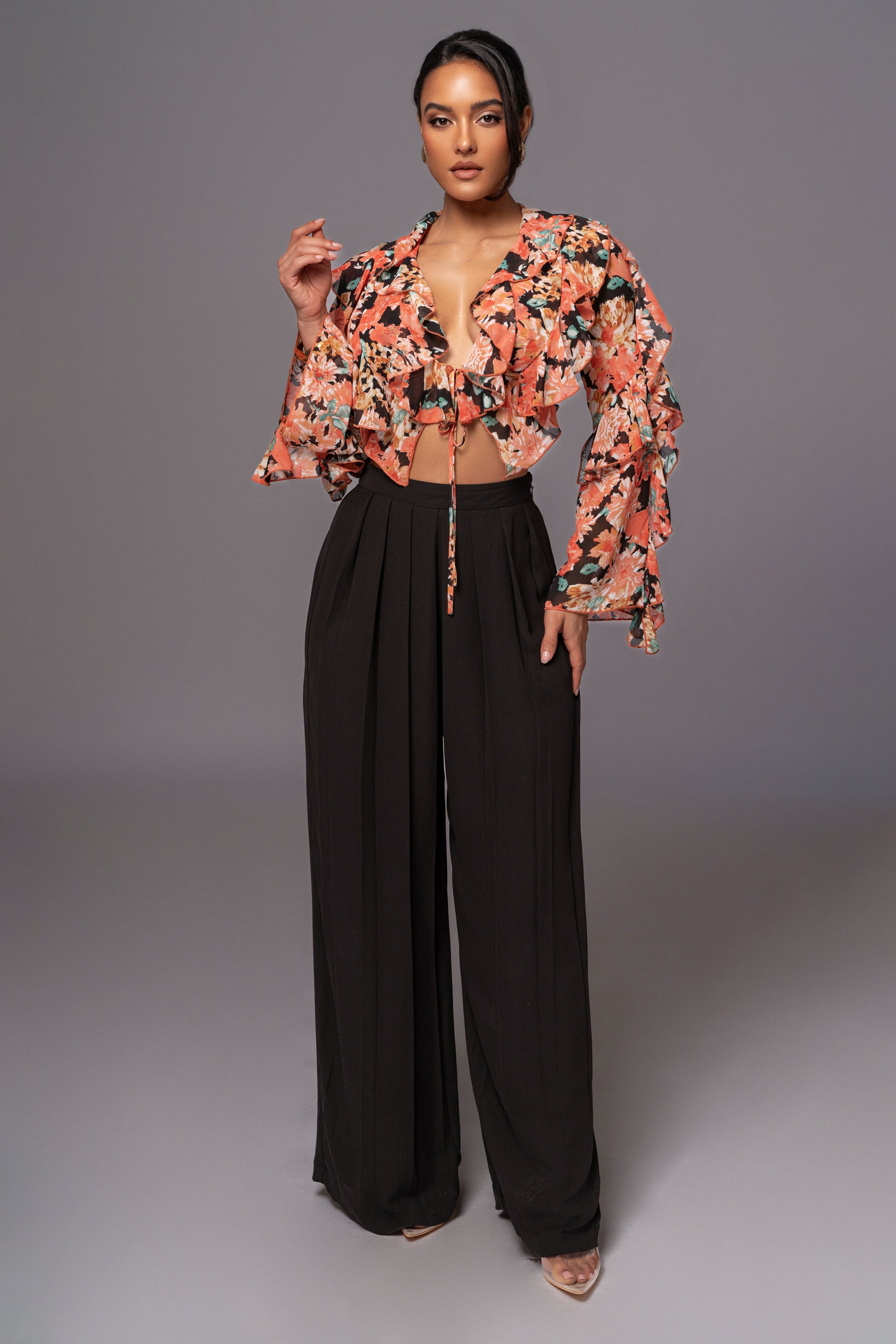 Black Floral Yvanna Ruffle Top JLUXLABEL