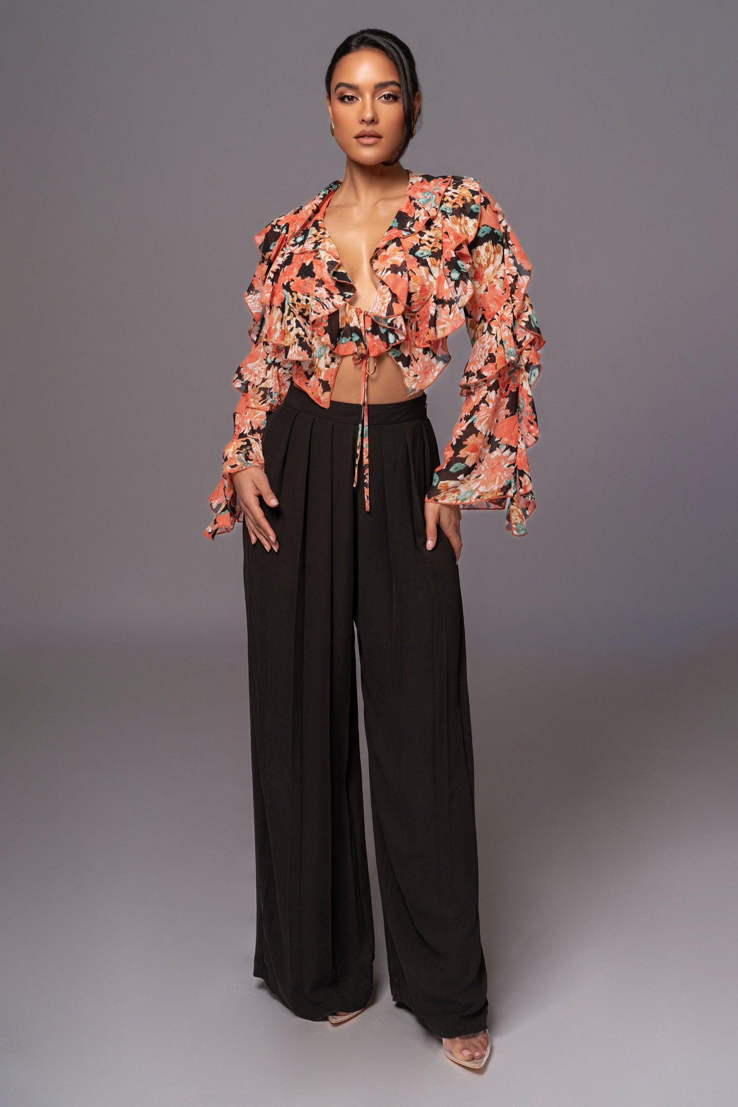 Black Floral Yvanna Ruffle Top JLUXLABEL