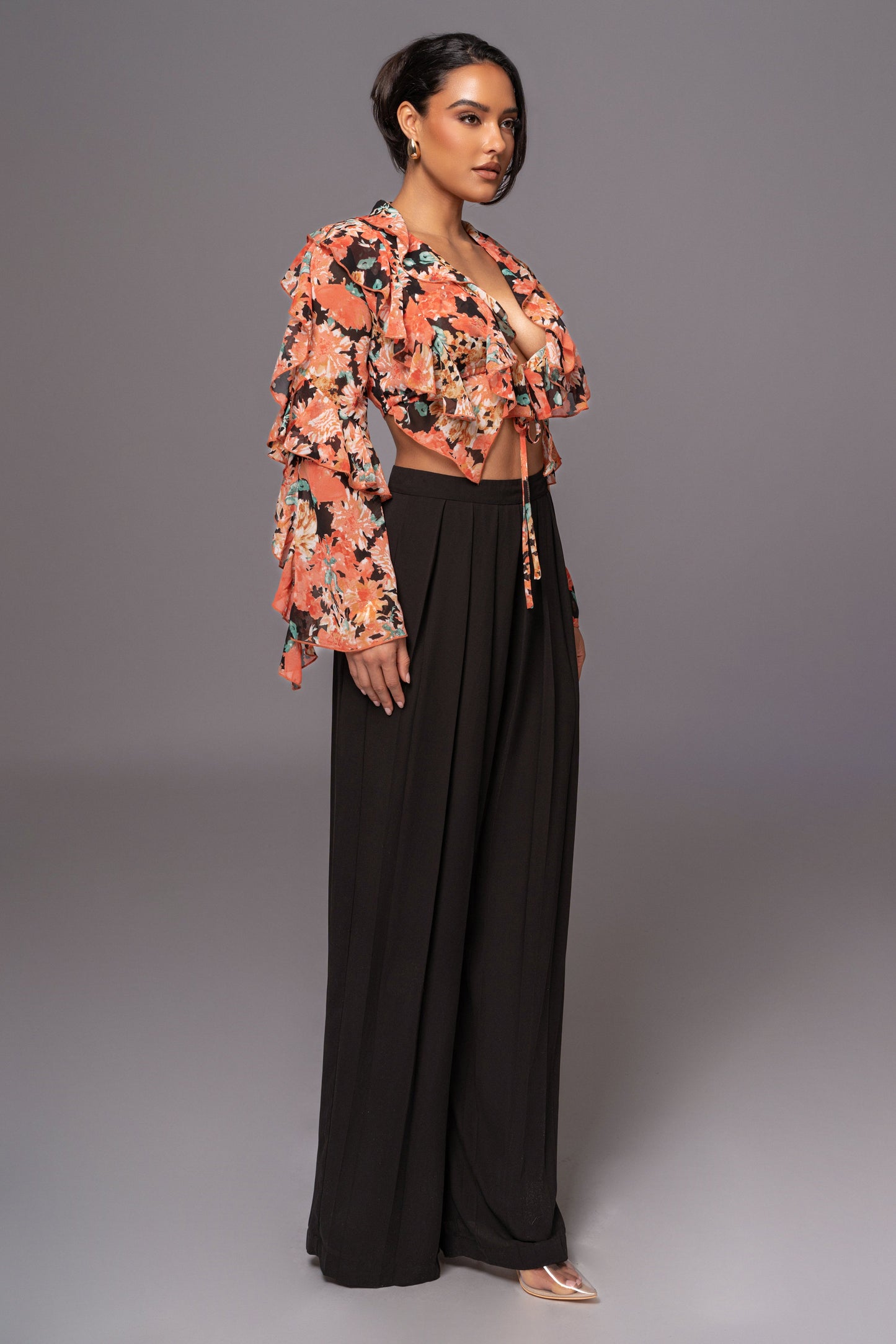 Black Floral Yvanna Ruffle Top JLUXLABEL