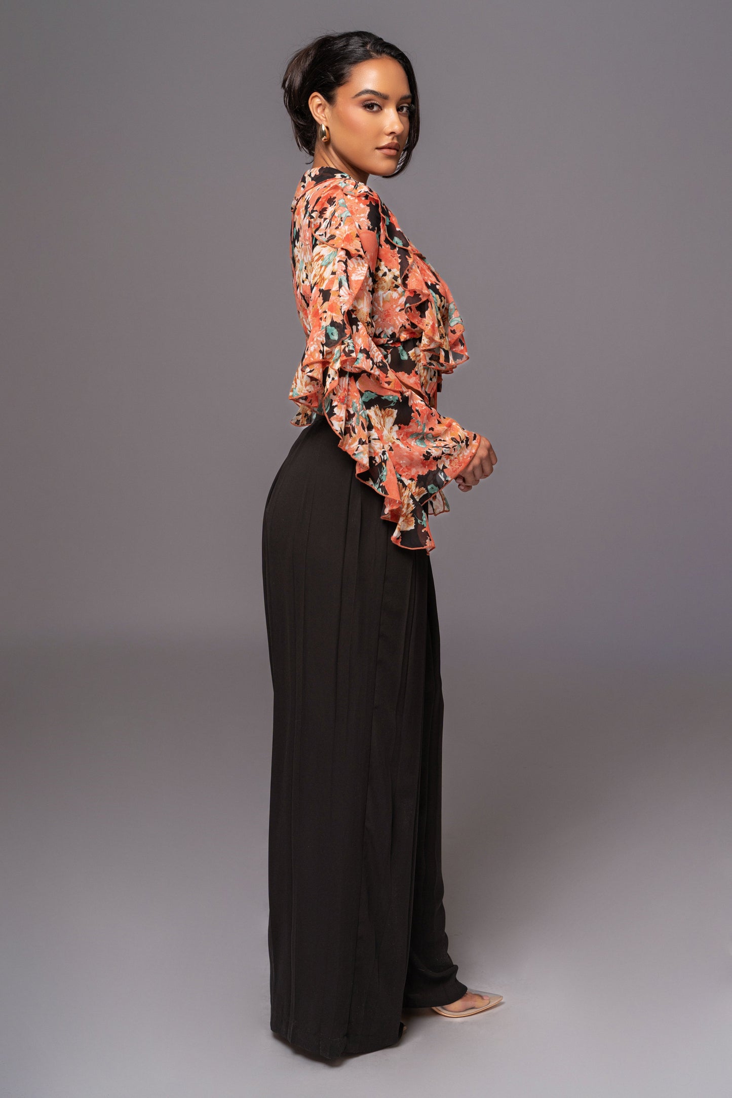 Black Floral Yvanna Ruffle Top JLUXLABEL