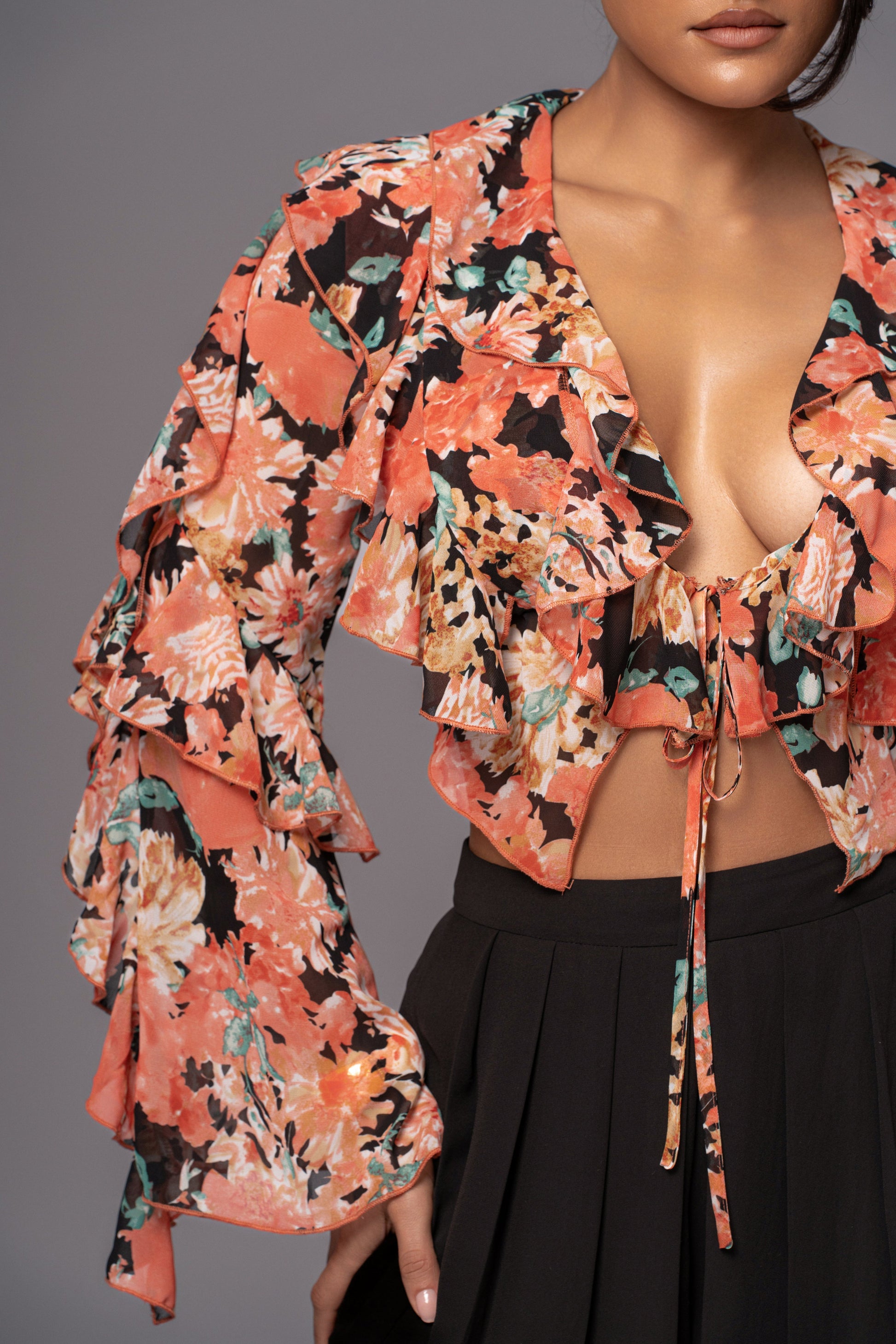 Black Floral Yvanna Ruffle Top JLUXLABEL