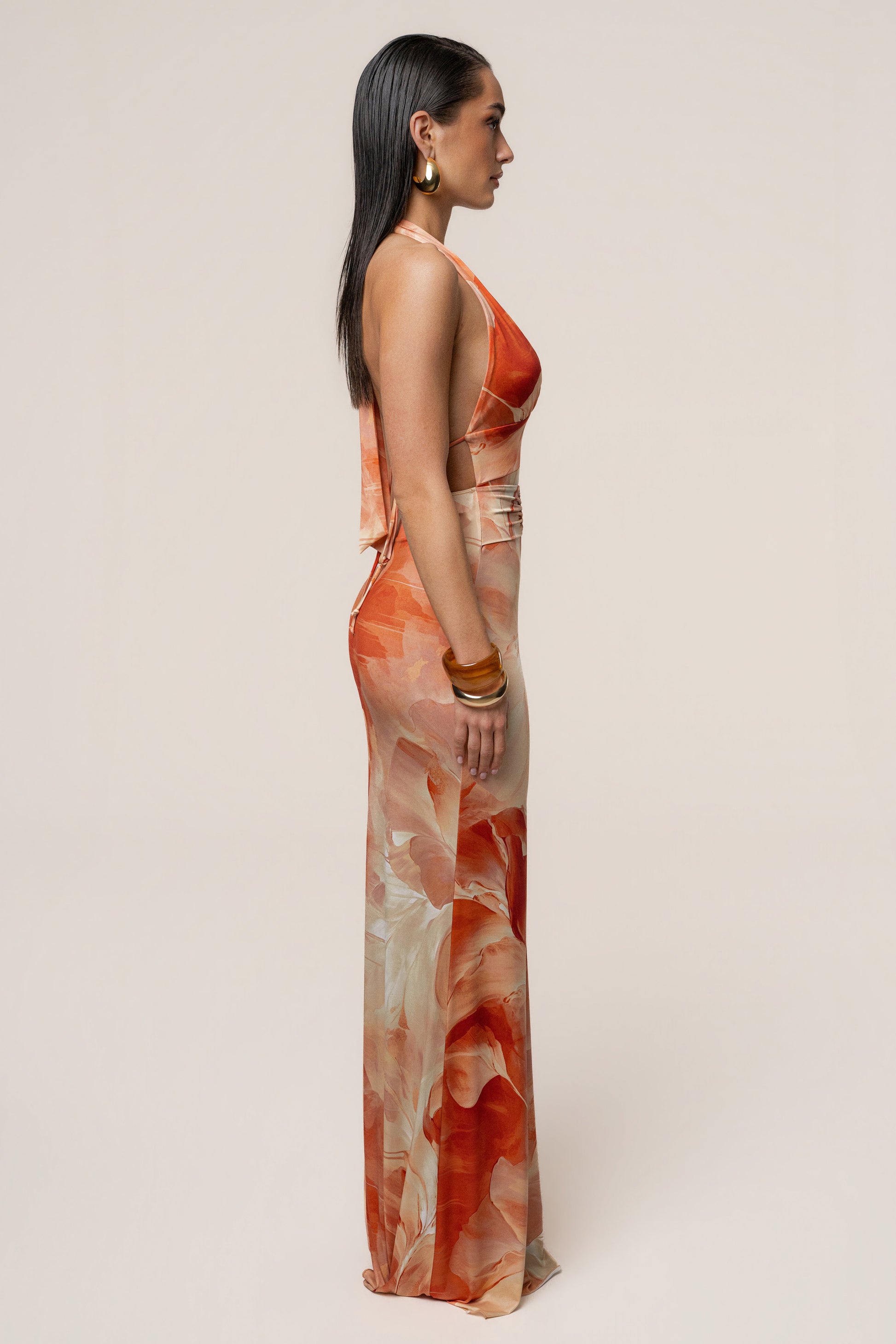Orange Floral Blossom Print Maxi Dress JLUXLABEL