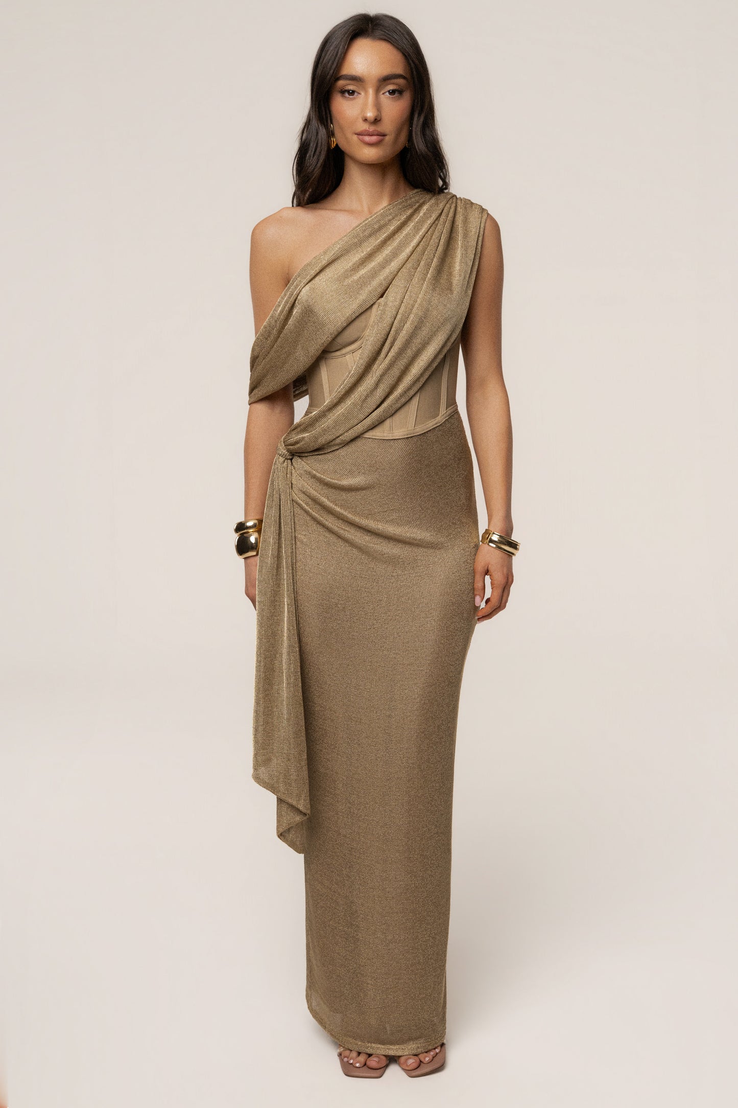 Gold Metallic Celestina Draped Maxi Dress JLUXLABEL